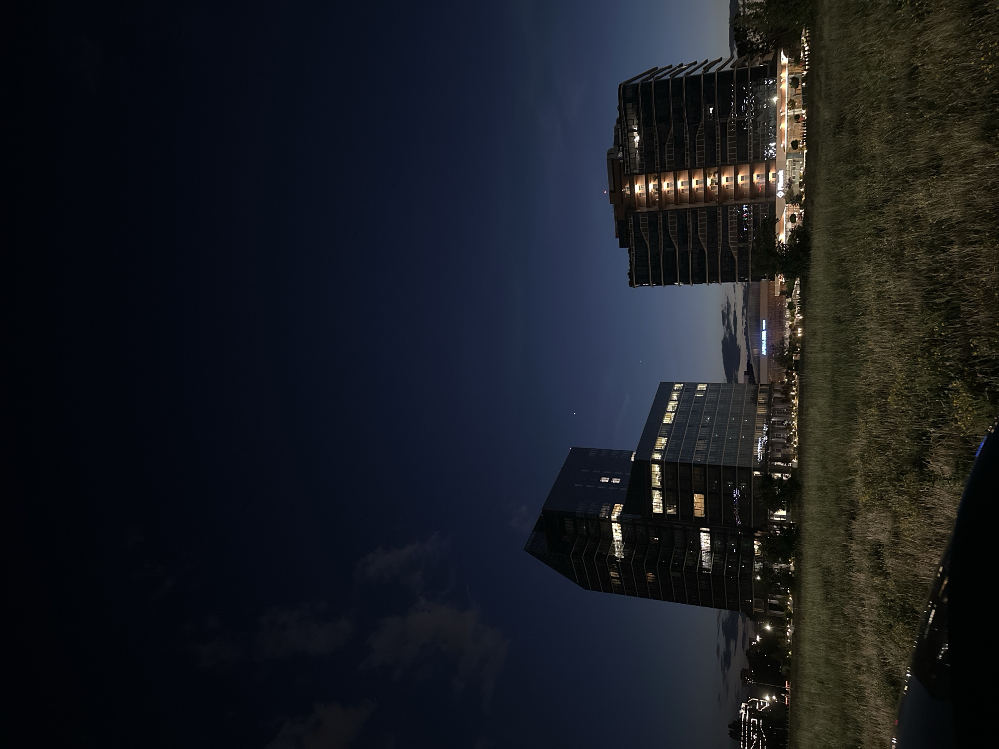 The image depicts a nighttime scene in Sofia, Bulgaria, featuring two modern office buildings in the background, situated beyond a field of tall grass. The sky is a deep, dark blue with a few faint clouds visible. The buildings are illuminated from within, with lights visible in many windows.
The building on the left is taller and more angular, with a reflective glass facade. The building on the right has a more curved architectural design, also with a glass exterior, and features balconies or terraces on some levels. The ground in the foreground is covered in dry, yellowish grass and some scattered wildflowers. A portion of a dark-colored car is visible in the lower left corner of the frame. The overall impression is of a modern urban landscape at dusk or early night. The presence of distant lights and the scale of the buildings suggest an area of commercial or business development within the city.