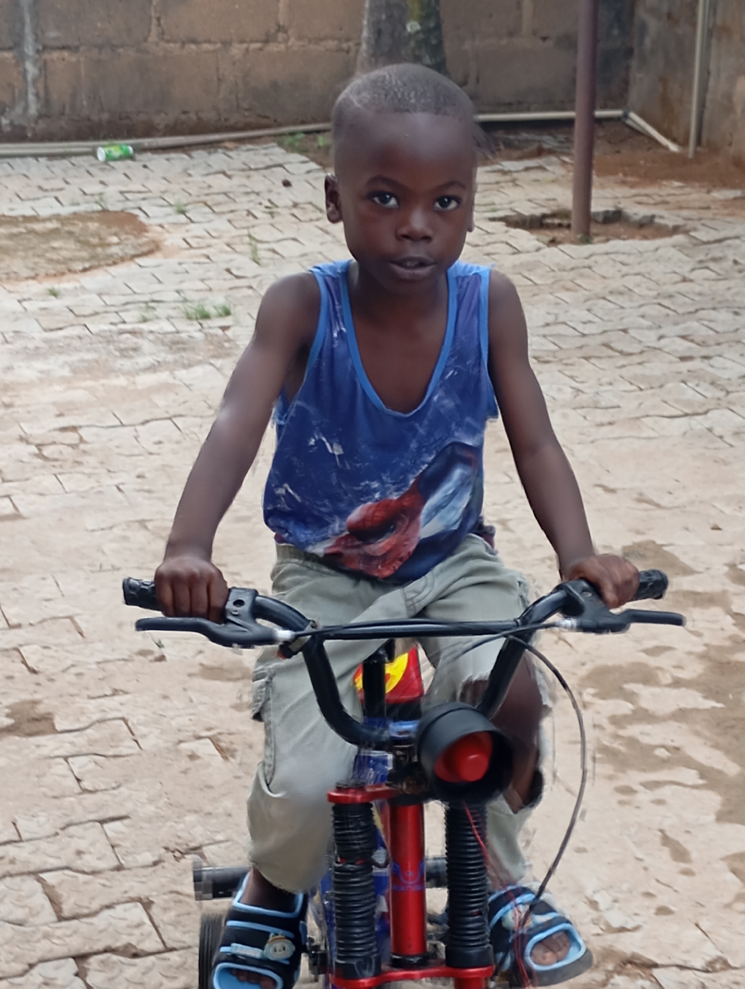 A young boy is sitting on a tricycle in an outdoor setting in Barikin Jirga Summa, Nigeria. The boy is wearing a blue tank top with a graphic design and khaki shorts. He is gripping the handlebars of the tricycle. The tricycle has a red frame, black handlebars, and a light on the front. The ground is paved with rectangular stones or tiles. There is a partial view of a cinderblock wall in the background, along with a patch of grass and a vertical post. A discarded beverage can is visible in the background, near the wall.