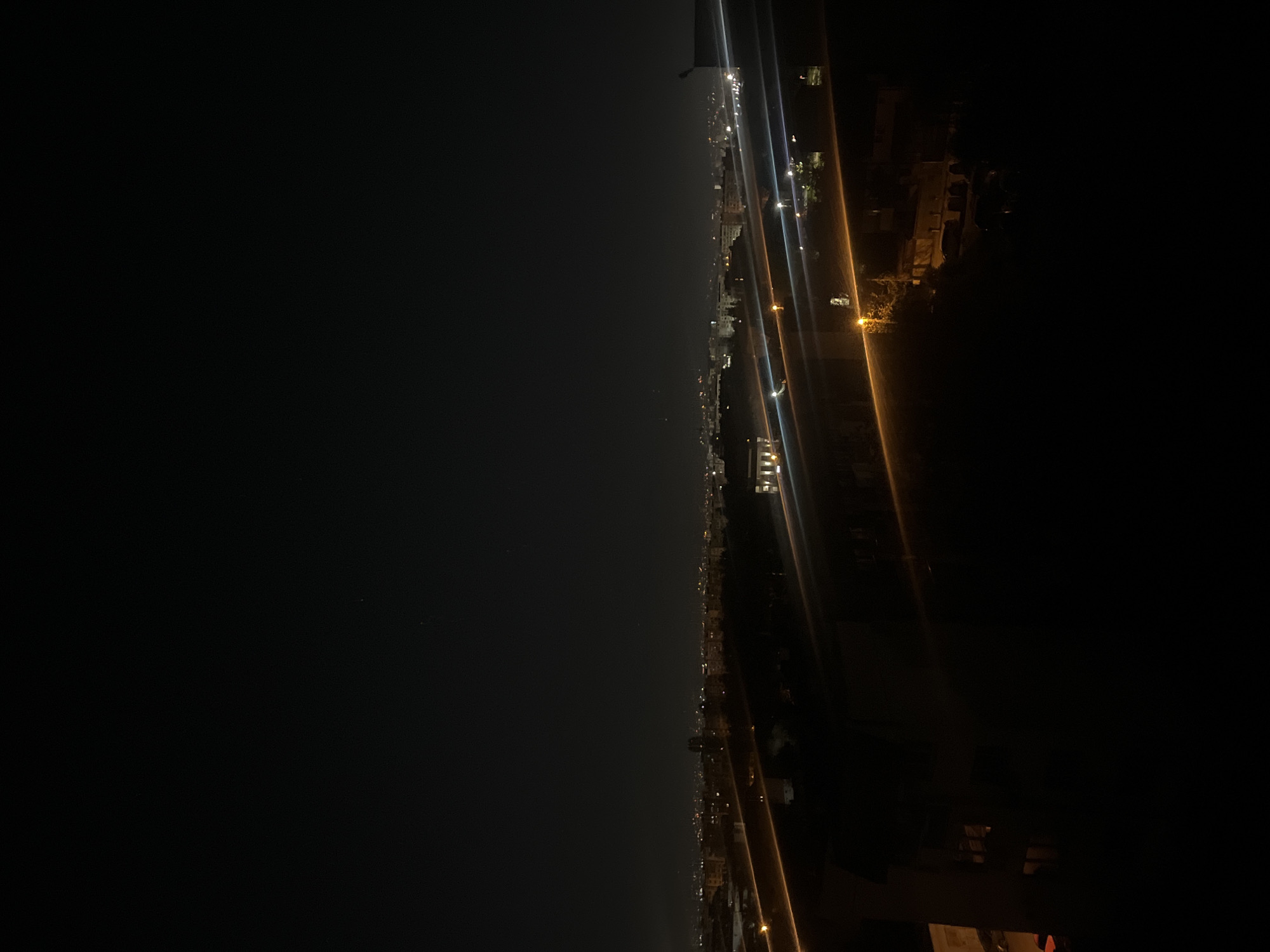 The image presents a panoramic nighttime view of Sofia, Bulgaria, captured from a high vantage point looking towards the horizon. The composition is horizontally bisected (after mental rotation from its initial vertical orientation) into a vast, dark sky above and an illuminated cityscape below.
The upper portion is dominated by the deep black of the night sky, subtly transitioning to a slightly lighter shade near the horizon due to ambient light or atmospheric conditions. Only a few extremely faint specks of light, possibly distant stars or atmospheric light, are barely discernible in this expanse.
The lower half reveals the sprawling urban landscape of Sofia, brightly lit by countless artificial sources. A distinct line of concentrated lights stretches across the distant horizon, marking the city's far extent. Closer to the foreground, on the right side of the image, individual buildings are distinguishable by their illuminated windows, and numerous streetlights punctuate the scene, creating a dense and intricate pattern of light. Several intense light sources, likely from nearby streetlamps or buildings, produce prominent vertical streaks of white and amber light, indicating lens flare or a possible long exposure effect. These streaks cut across the right side of the frame. The city lights extend far into the distance, creating a luminous band across the entire visible landscape.
The scene clearly depicts night, with artificial illumination being the sole light source. The atmosphere appears relatively clear, allowing for a broad view of the city's lights. There are no individuals, discernible activities, or visible text in the image, which instead emphasizes the expansive and illuminated urban environment under the dark night sky.