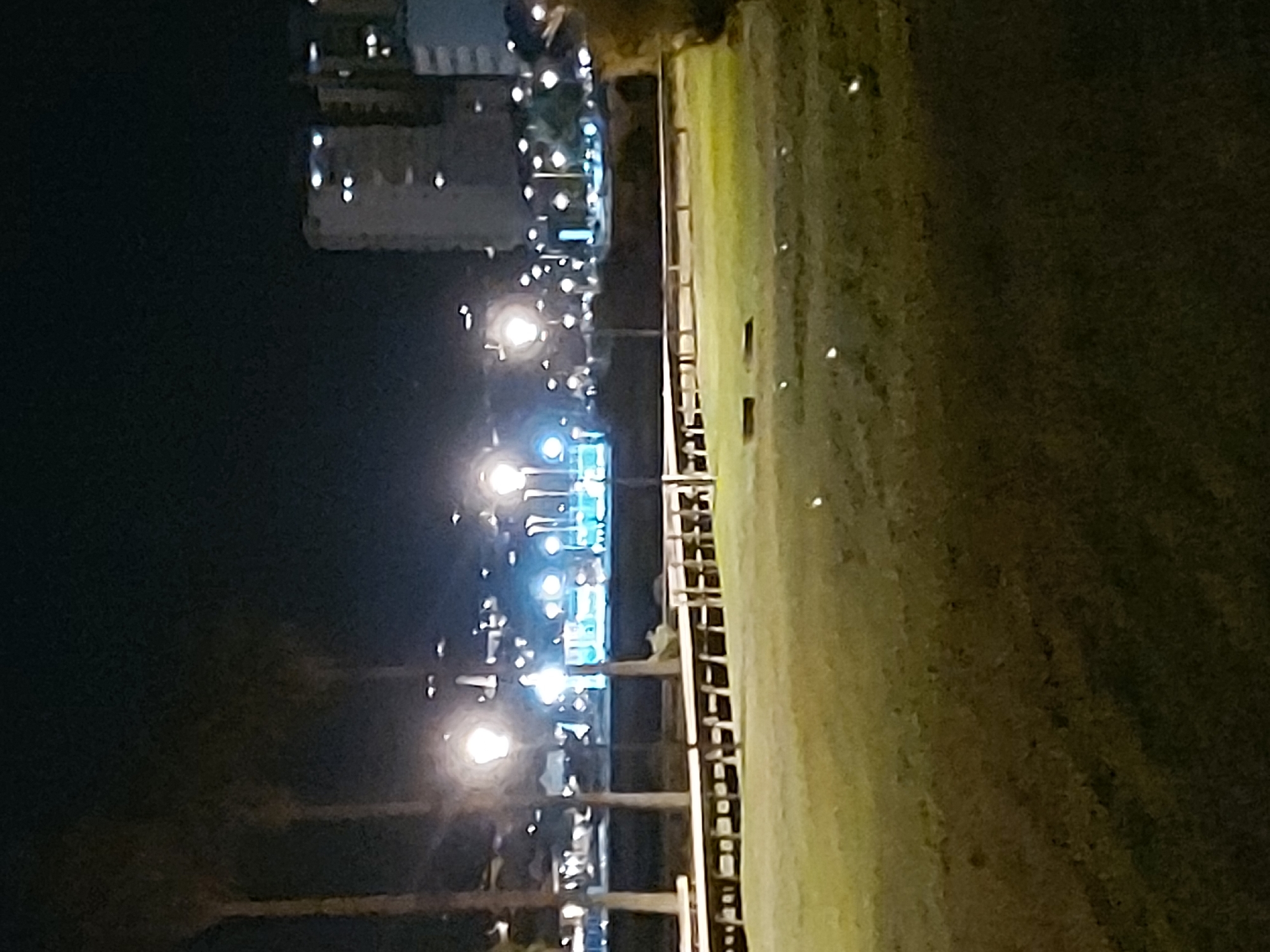 The image depicts a nighttime scene in what appears to be an urban or coastal area, likely in Figueira da Foz, Portugal. The photograph is oriented vertically, showing a landscape rotated 90 degrees clockwise.
In the foreground (right side of the original rotated image), there is a large expanse of green grass, possibly a park or a landscaped area along a promenade. Small, subtle light reflections or objects are scattered across this grassy surface.
To the left of the grass, a wooden or metal railing/fence runs horizontally across the frame, delineating a path or walkway. Beyond this barrier, numerous streetlights are visible, illuminating a wide area. These lights emit a bright, somewhat diffused glow, with distinct circular or oval halos around them due to the night-time photography conditions.
Further in the background, across what might be a body of water or a significant open space, several buildings are visible. These structures are heavily lit, showcasing many windows and interior lights that pierce the darkness of the night. Some of these buildings appear to be multi-story, suggesting residential or commercial developments.
The overall scene is illuminated primarily by artificial lights, creating a contrast between the darker foreground elements and the brightly lit midground and background. No people or specific activities are discernible in the image. The weather appears clear, allowing the city lights to stand out against the dark sky. No visible text is present.