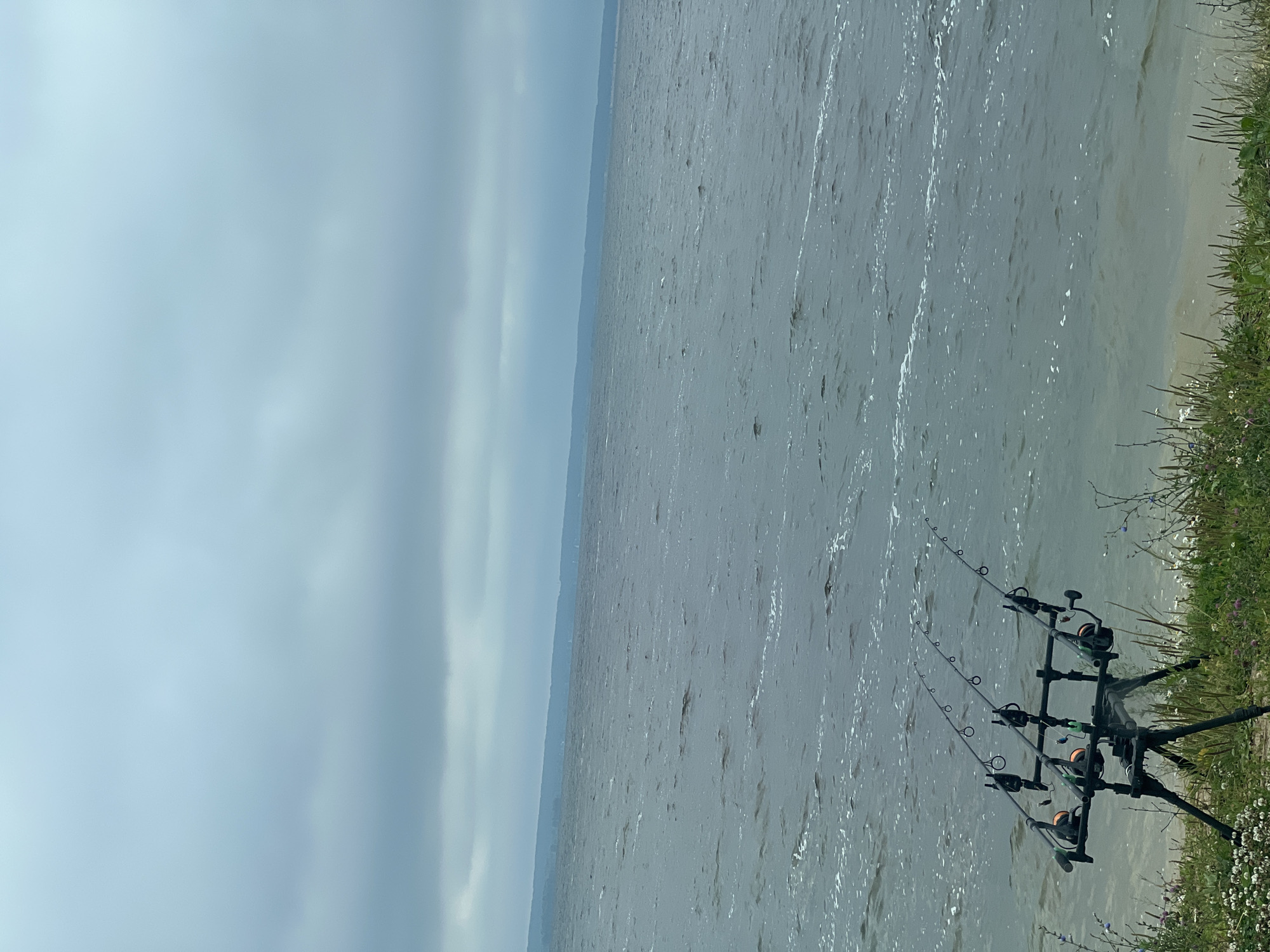 The image depicts a waterfront scene in Krasnovidovo, Russia, characterized by overcast skies and choppy water. In the foreground, a set of three fishing rods are mounted on a black tripod stand, positioned on a grassy bank. The fishing rods are angled towards the water, suggesting they are set up for fishing. The water itself appears agitated with visible ripples and whitecaps, indicating a breezy or windy condition. The distant horizon is marked by a faint line of land, likely a shoreline or hills, under a heavy, gray cloud cover. The vegetation in the immediate foreground consists of green grass and scattered small white and purple wildflowers. The overall atmosphere is somber due to the weather conditions.