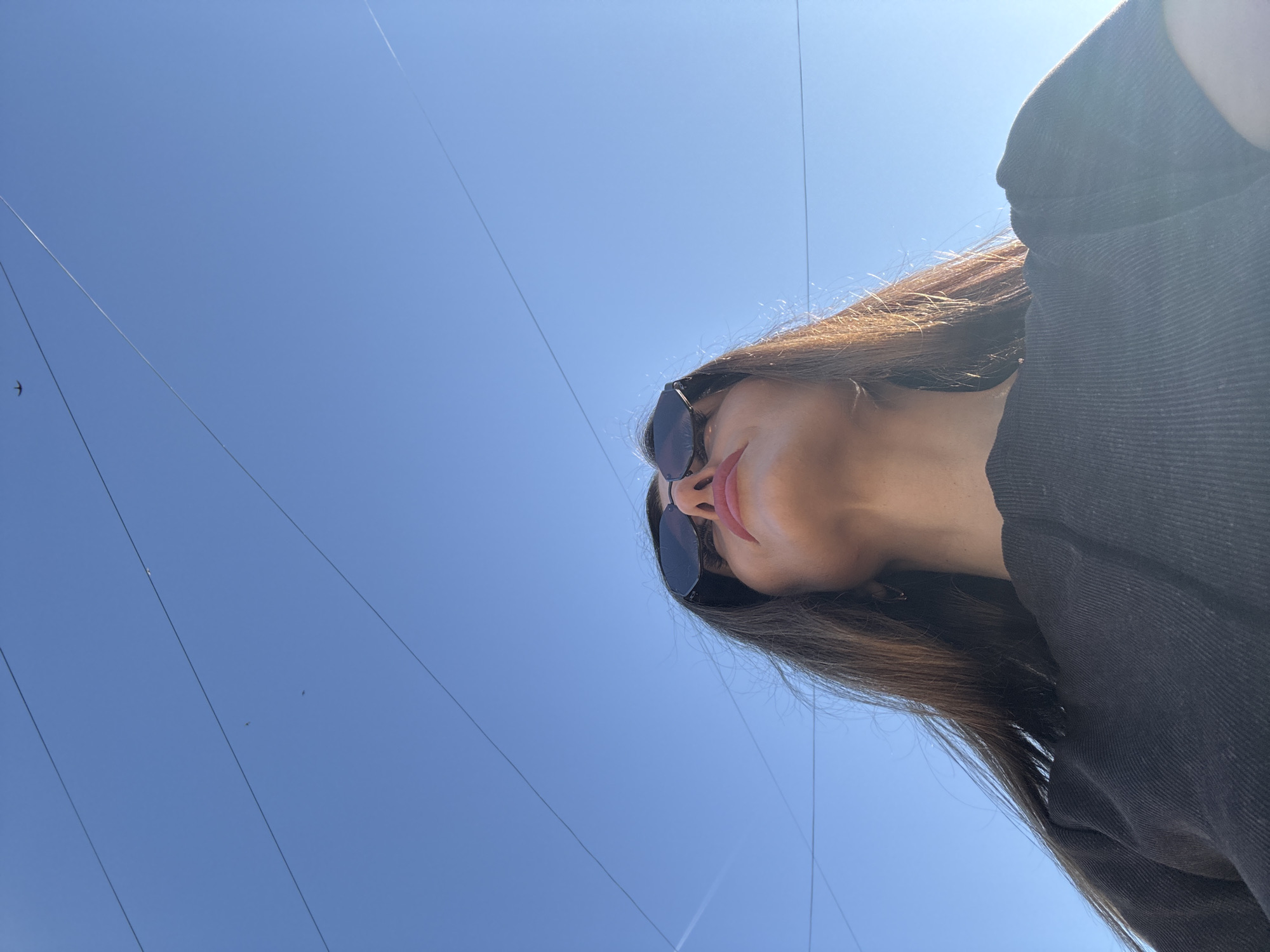 A person wearing sunglasses and a dark-colored shirt is looking up at a clear blue sky. Power lines traverse the sky, and a bird is visible in the lower left quadrant. The location is unknown, and there is no information to suggest it is Chaikovsky, Russia.