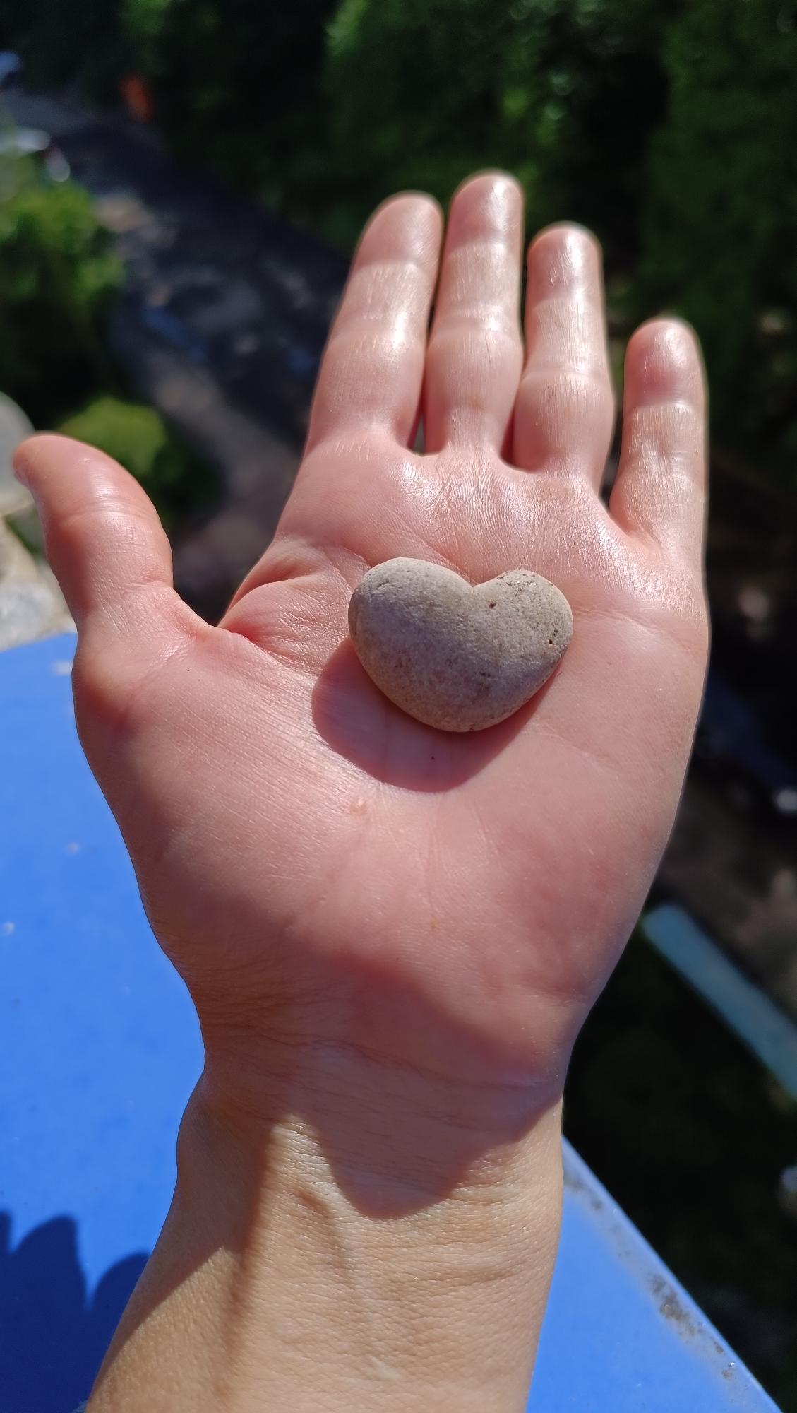 A close-up shot depicts a person's open hand holding a heart-shaped stone. The hand is fair-skinned, with visible details of veins and wrinkles. The stone is a light grey color with small indentations, resembling a naturally formed heart. The background is a blur of green trees and possibly buildings, suggesting an outdoor urban setting. Based on location constraints, the photo was taken in Lermontov, Russia. The image composition focuses primarily on the hand and the heart-shaped stone, suggesting an emotional or symbolic connection.