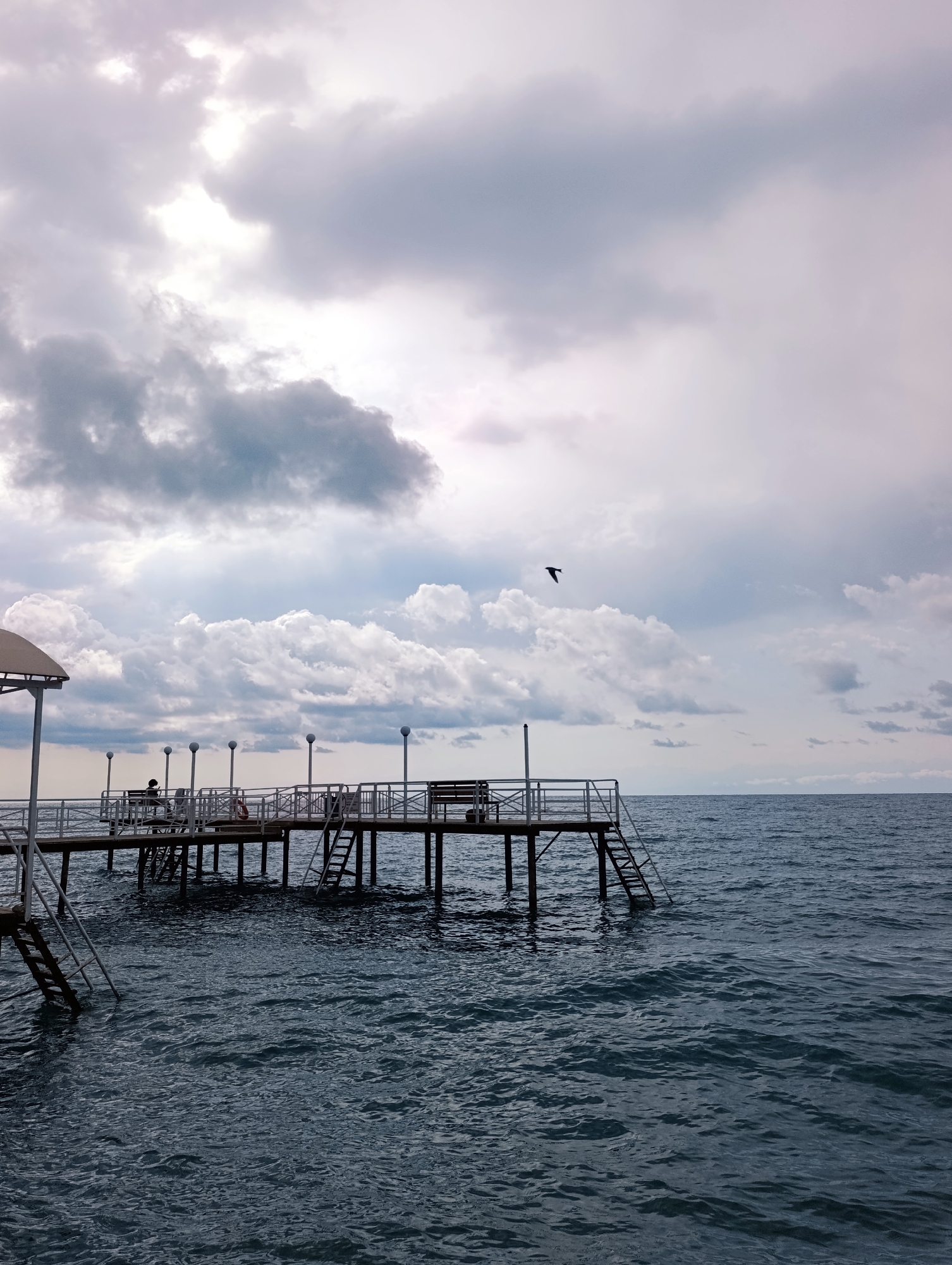 The image depicts a pier extending over the dark, choppy waters of Issyk-Kul Lake near Sary-Oy, Kyrgyzstan. The sky is overcast with dramatic, textured clouds, with a single bird in flight in the upper right quadrant. The pier itself is a long, narrow structure supported by pilings, with white railings and lamps lining its length. Benches are visible on the pier, and a single person is seated on one of them, facing away from the camera. Ladders are attached to the pier, leading down to the water. The overall scene conveys a sense of quiet solitude and the raw beauty of nature.