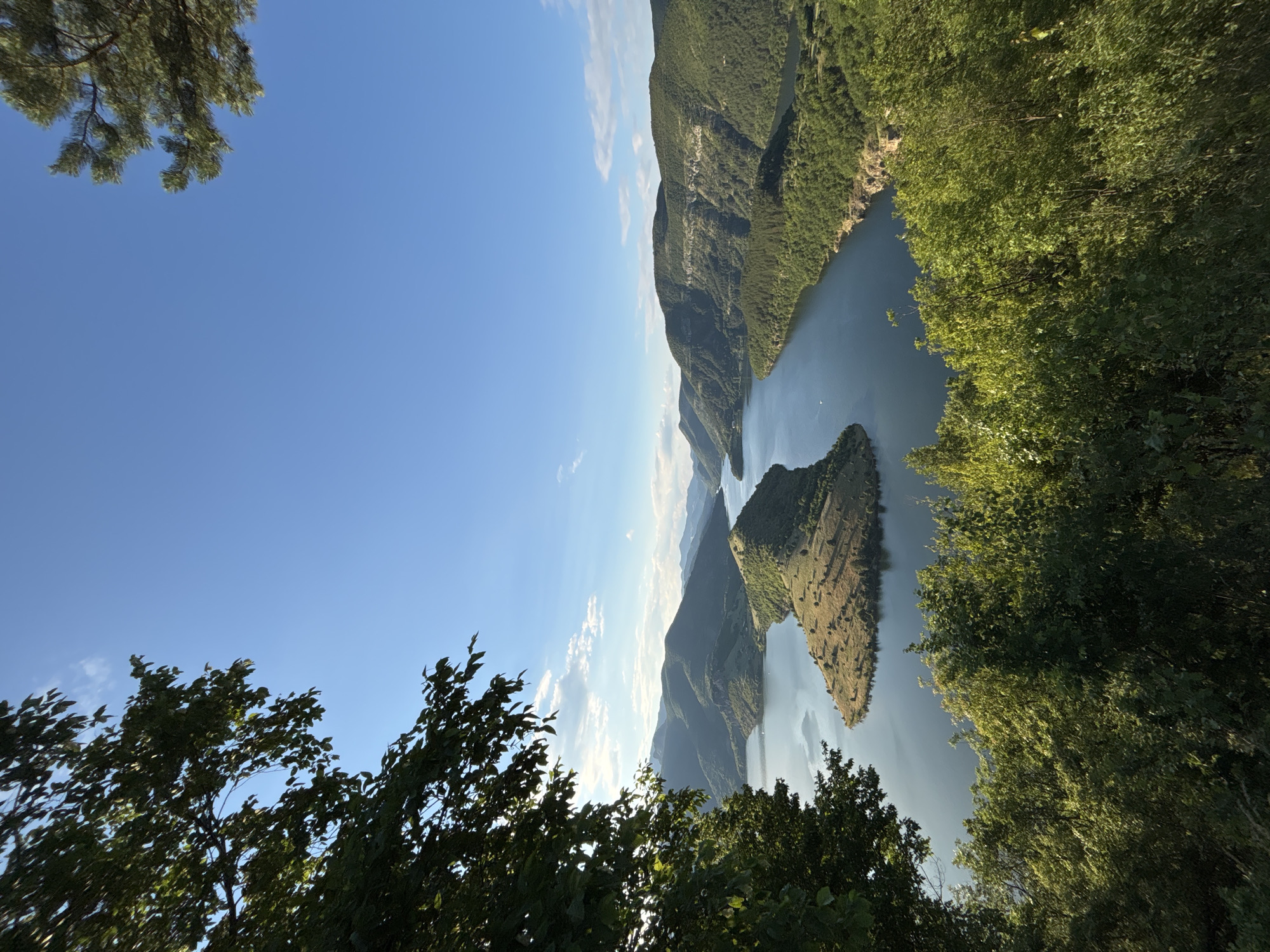 The image depicts a scenic view of the Arda River in the area of Ribartsi, Bulgaria. A serpentine body of dark blue water winds through verdant, tree-covered hills. In the foreground, lush green foliage frames the scene from the bottom and left, with some sunlight filtering through the leaves. A distinctive, arid peninsula jutting into the river, characterized by dry grass and sparse vegetation, is a prominent feature. The background consists of rolling hills, some with sheer rock faces, receding into the distance under a clear, pale blue sky dotted with a few wispy clouds. The overall impression is one of a tranquil, natural landscape.
