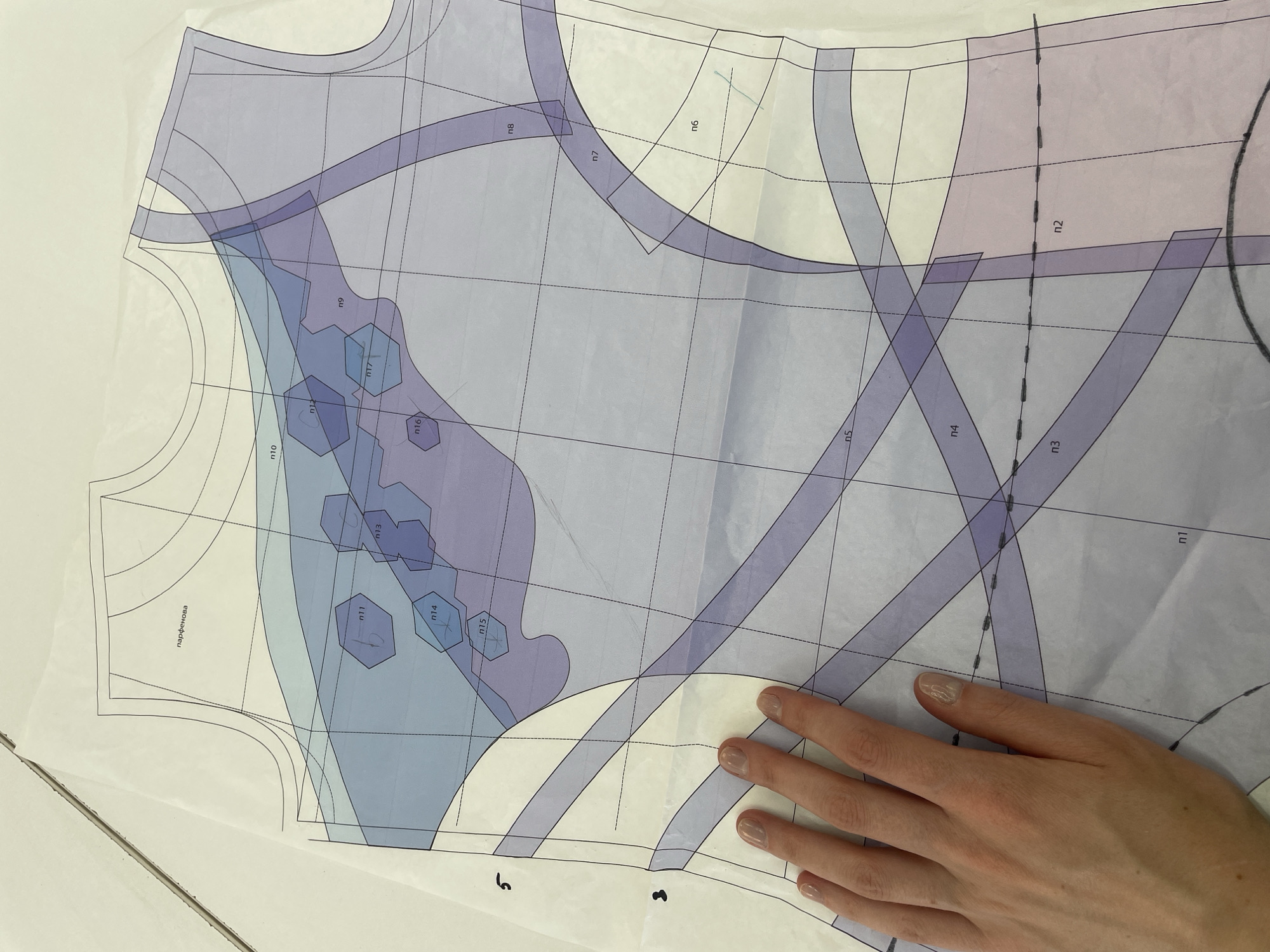 The image shows a close-up of a sewing pattern laid out on a white surface. The pattern is printed on transparent paper and features a grid overlay with colored sections and alphanumeric labels such as 'n1', 'n2', 'n3', 'n4', 'n5', 'n6', 'n7', 'n8', 'n9', 'n10', 'n11', 'n12', 'n13', 'n14', 'n15', 'n16', and 'n17'. There is also text in Cyrillic script that reads "парфенова". A person's left hand, with manicured nails, is visible in the lower left portion of the image, gently resting on the pattern. The background appears to be a simple, light-colored surface, possibly a table. The image does not provide any information that would allow for the identification of a specific location in Saint Petersburg, Russia, or any other city.