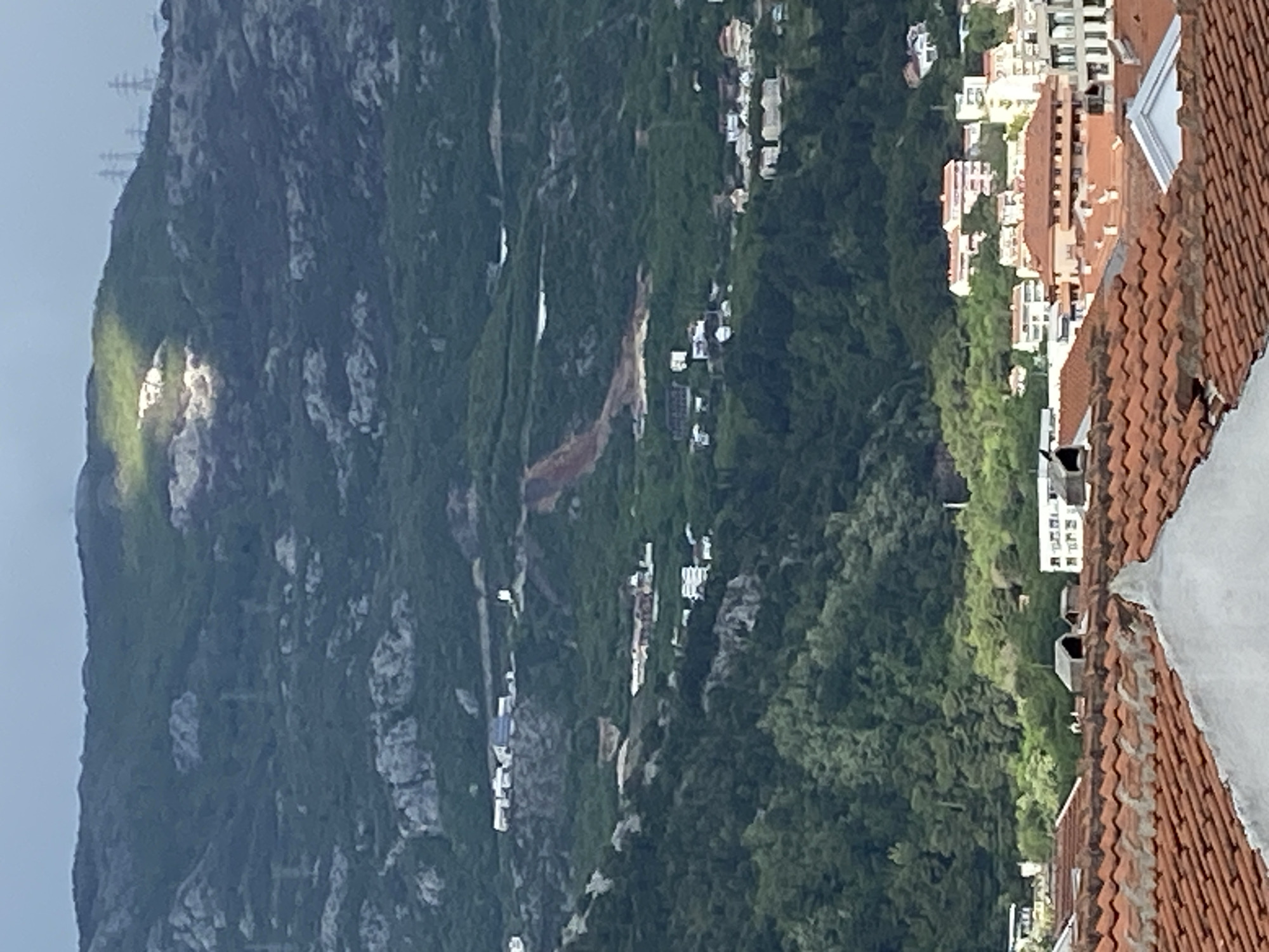 The image presents a panoramic view of a mountainous coastal landscape, consistent with the Budva area of Montenegro, observed during clear daylight hours.
In the foreground, the reddish-brown terracotta tiled roofs of several buildings are prominently displayed, hinting at a viewpoint from an elevated position or another structure. Portions of white or light-colored walls are also visible, suggesting residential or urban architecture.
The midground unfolds into a vibrant expanse of rolling hills and valleys densely covered with rich green foliage and trees. Scattered throughout this verdant landscape are numerous residential buildings, appearing as clusters of light-colored structures, blending into the natural environment. A distinctive feature in this section is a prominent bare patch of reddish-brown earth on one of the hillsides, possibly indicating a landslide scar or a recent construction area.
Dominating the background is a large, rugged mountain, its slopes a mix of exposed gray rock faces and patches of green vegetation. Faintly visible near the mountain's crest are structures resembling power lines or utility poles.
The overall scene conveys a sense of tranquility and natural beauty, showcasing the integration of human habitation within a dramatic, lush mountainous setting typical of the Adriatic coast. No specific activities or individuals are discernible, and no visible text is present within the image.