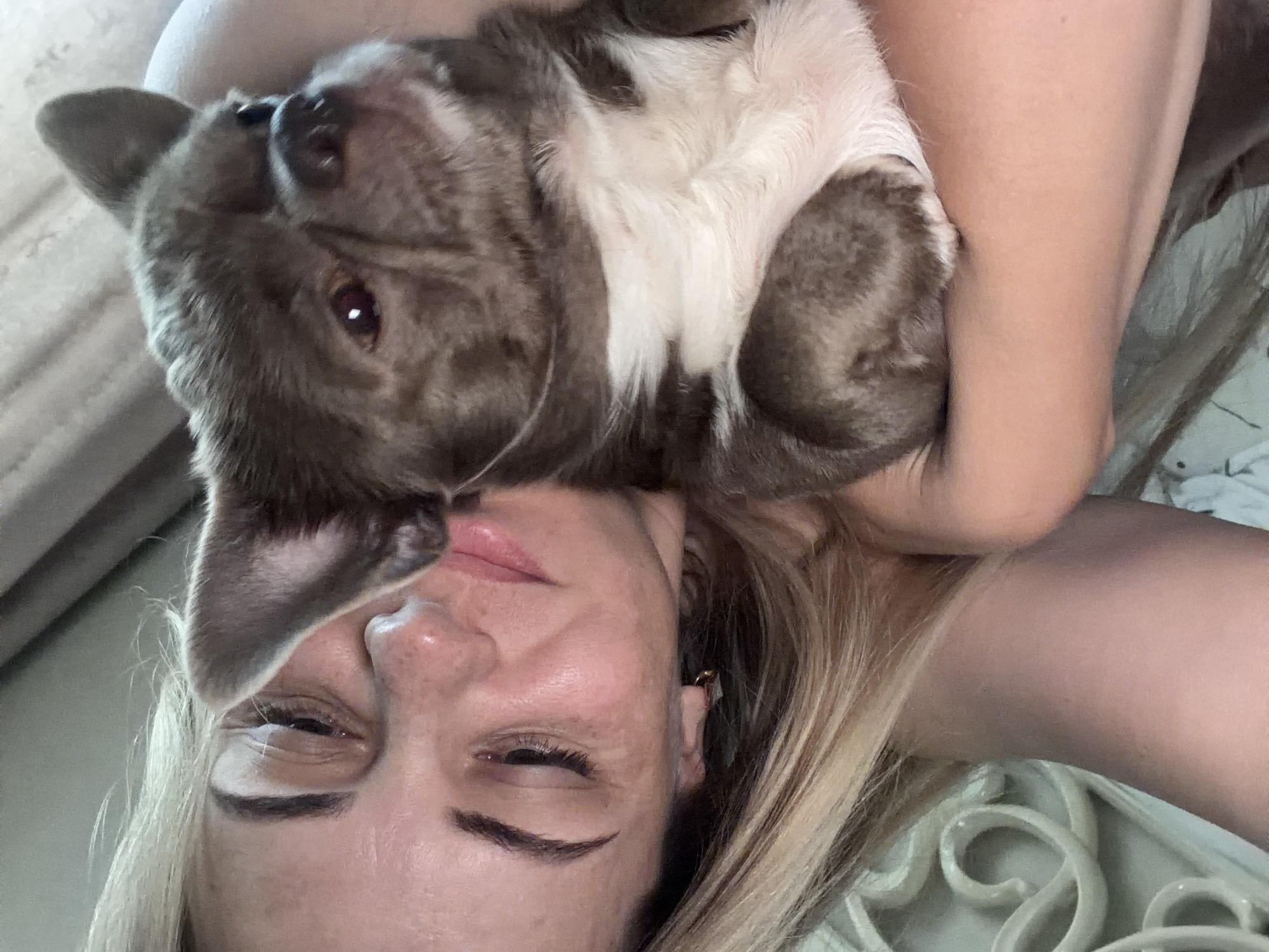 An intimate, rotated close-up captures a person (likely a woman) and a small dog in what appears to be an indoor setting in Votkinsk, Russia. The image is oriented with the person's head on the lower half, tilted, and the dog resting on their upper body.
The main subjects are a light-skinned person with blonde hair and a small dog, possibly a puppy, with brown/gray fur and white markings on its chest and belly. The person's face is visible, with one eye partially open and the other mostly closed, suggesting a moment of relaxation or affection. They have defined eyebrows, long eyelashes, and a subtle pink hue on their lips. A small gold earring is visible in their right ear.
The dog is positioned on its back or side, nestled against the person's upper chest and neck area, with its head near the person's face. Its left eye is visible, dark with a distinct reflection, and its nose is close to the person's cheek. The dog's paws are tucked, and its soft fur is clearly detailed.
The scene conveys a sense of comfort and close companionship. In the background, hints of a light-colored, possibly embroidered or carved furniture piece (like a headboard) are visible on the right, along with soft, light-toned fabric, indicating a cozy home environment. The lighting is soft and even, suggesting either indoor illumination or diffused daylight. No text is visible in the image.