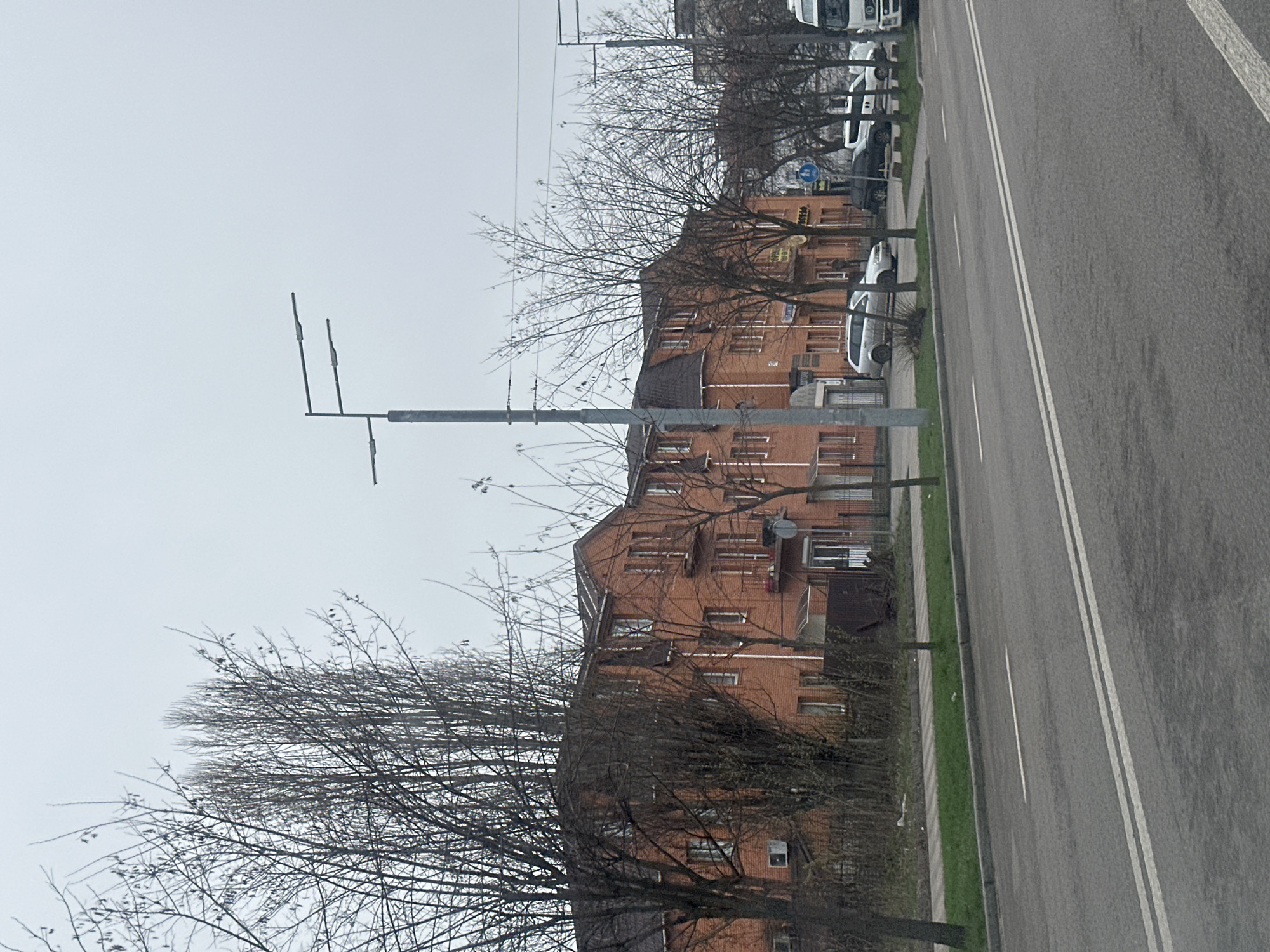 The image shows a street scene in Kyiv, Ukraine. The view is from the side of a road with white lane markings. Adjacent to the road is a narrow strip of green grass. A row of tall, brick apartment buildings lines the street. Bare trees are interspersed along the sidewalk. Several parked cars are visible near the buildings. A metal utility pole stands prominently in the foreground. The sky is overcast.