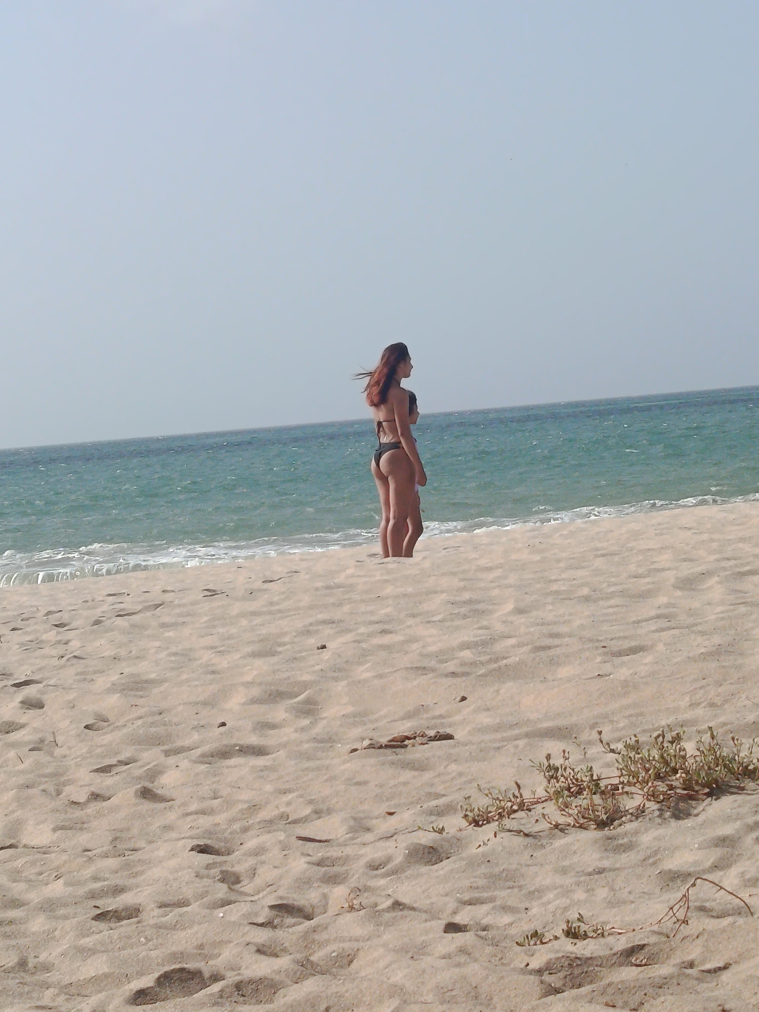 The image shows two people, likely female, standing on a sandy beach near the water's edge. The person in front is taller and has long, flowing brown hair. Both individuals appear to be wearing swimwear. The ocean is visible in the background with small waves. The foreground shows sand with scattered vegetation. The image location is likely Pedro González, Venezuela, based on the provided context.