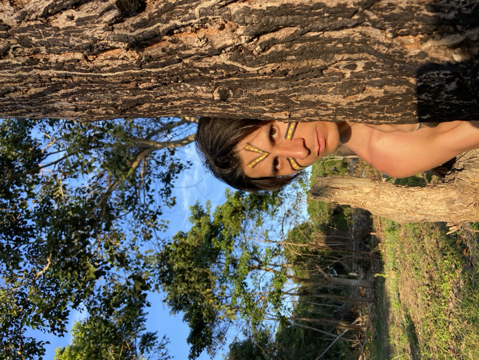 The image depicts a male individual partially concealed behind a large, dark-barked tree trunk within a wooded environment in Los Velásquez, Venezuela. The individual has dark hair and features distinct yellow and black facial paint, specifically inverted V-shapes on the forehead and horizontal stripes with vertical lines on the cheeks. He stares directly forward with a neutral expression. His visible upper body appears to be minimally clothed. To the individual's left, a lighter, broken tree stump is present. The background consists of dense green foliage from various trees, visible under a clear blue sky with some faint cloud wisps. The ground is covered with grass and sparse vegetation, illuminated by warm sunlight.