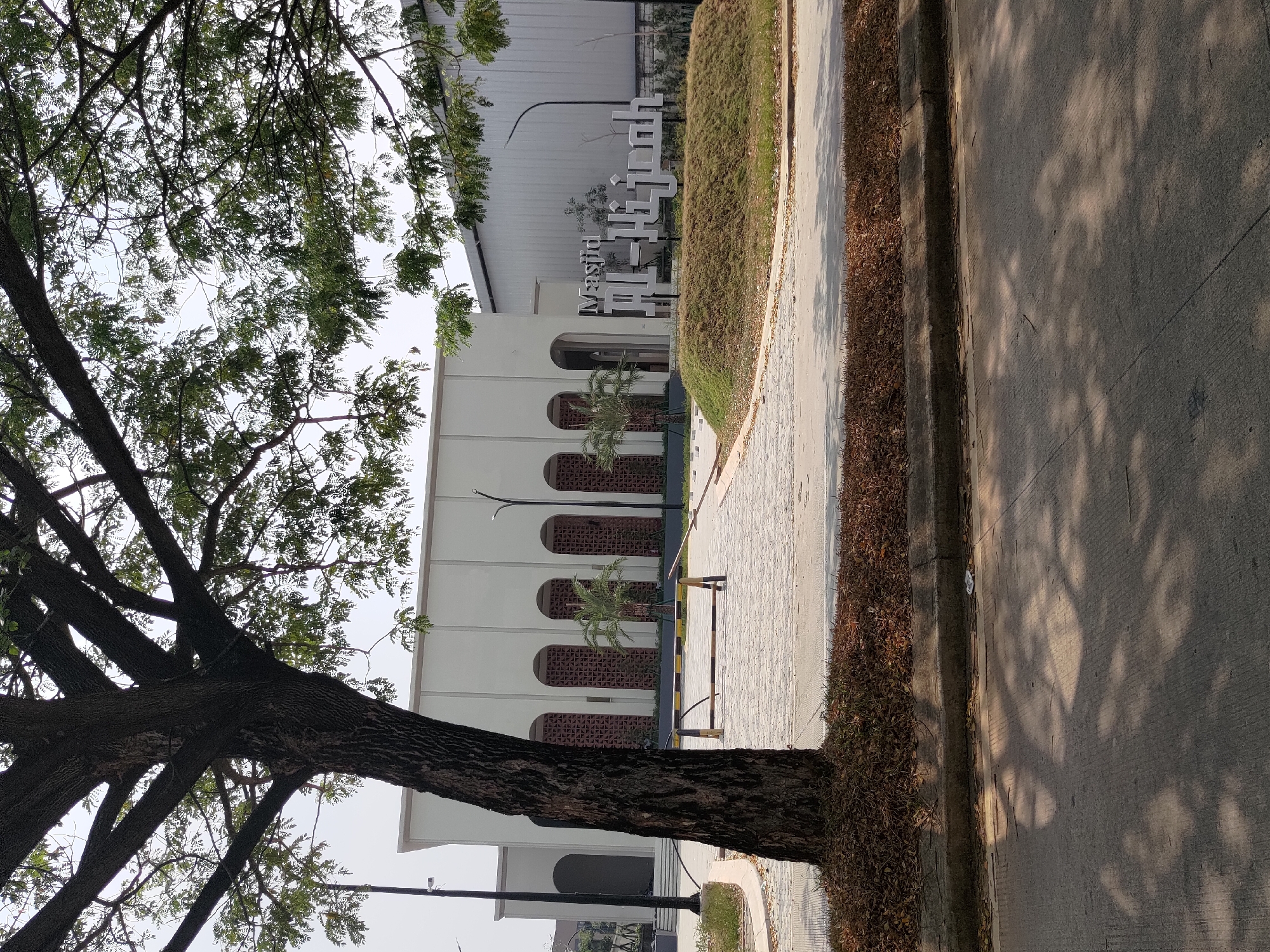 The image shows the entrance to the Masjid Al-Hijrah in Depok, Indonesia. A large tree with dark bark and green leaves is in the foreground, partially obscuring a modern white building with arched windows. A large sign spelling out "Masjid Al-Hijrah" in prominent white letters stands on a grassy mound. In front of the building, there is a paved area with yellow and black striped barriers. The scene is set on a sunny day, with shadows cast by the tree falling across the pavement in the foreground. The surrounding environment appears to be an urban area, with other modern buildings visible in the background.