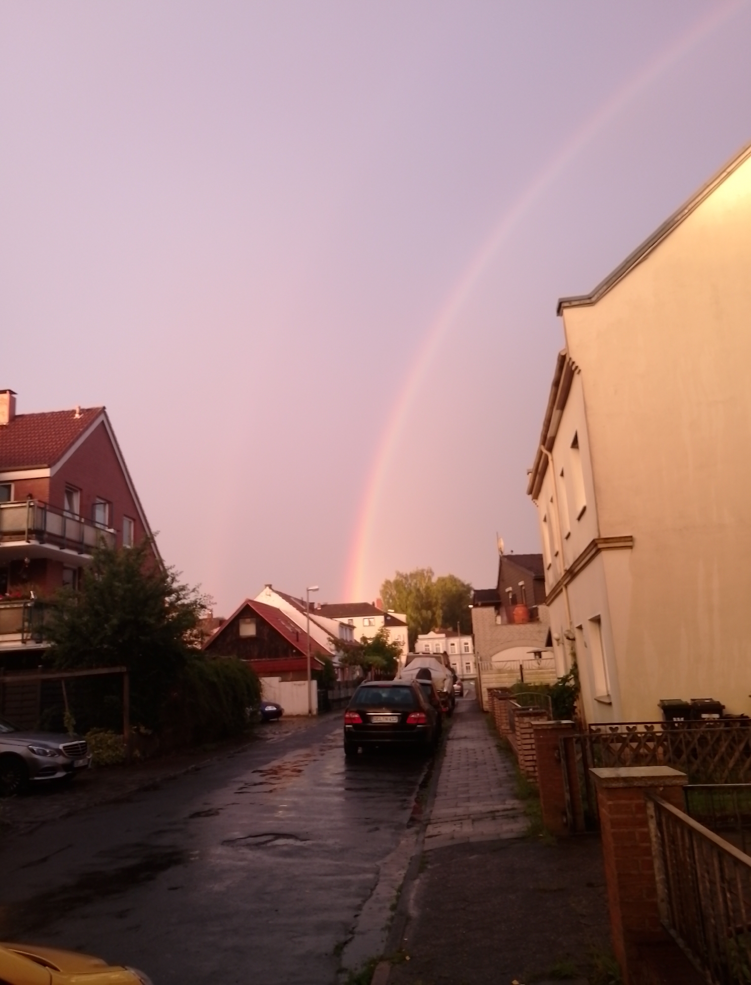 The image depicts a street scene in Delmenhorst, Germany, with a rainbow arching across the sky. The street is wet, suggesting recent rain, with puddles reflecting the surrounding buildings and the twilight sky, which is a pale pink and purple gradient.
On the left side of the street, there is a multi-story red-brick building with balconies and windows. Adjacent to it is a dark green tree. Further down the street, several other buildings of varying heights and architectural styles are visible, including a house with a dark wooden facade and a lighter colored house with multiple windows. A pale yellow car is parked on the far left.
On the right side of the street, a large, cream-colored building with white-framed windows dominates the foreground. A brick fence with metal railings runs along the sidewalk. Several dark green trash bins are placed near the building.
A dark colored sedan is parked on the street, facing away from the camera, and a black car is visible further down the street on the right side. The road surface appears to be asphalt, with some visible damage in the form of potholes. The overall atmosphere of the image is serene, with the natural phenomenon of the rainbow adding a touch of color to the urban landscape.