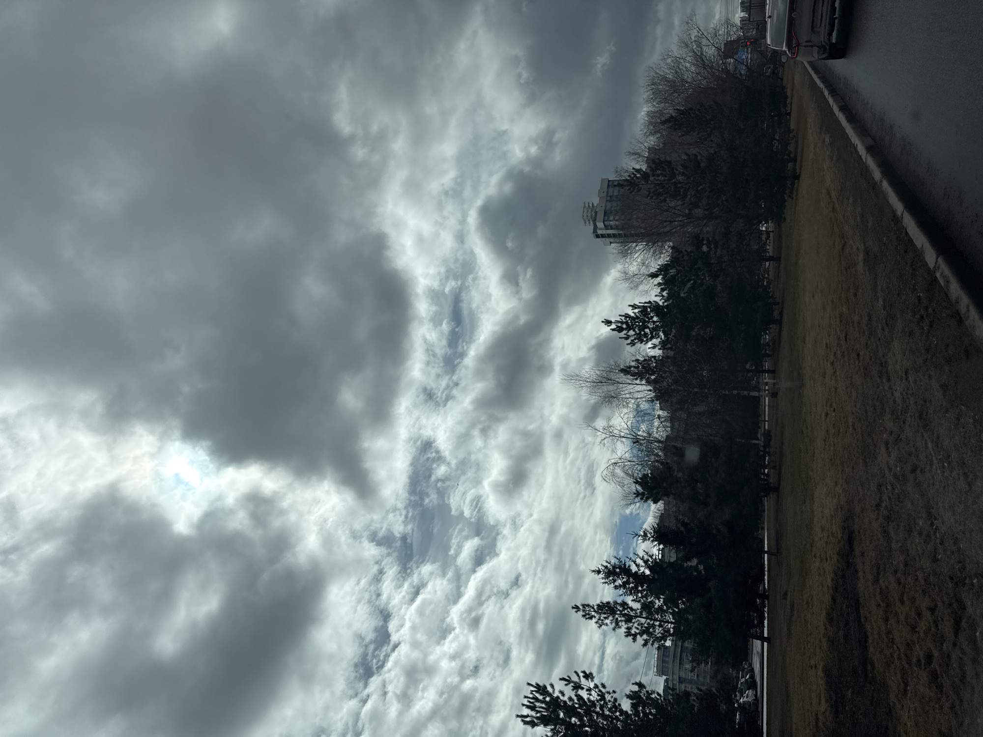 The image depicts a cloudy sky over a park area in what appears to be a city. The sky is mostly gray with patches of brighter areas, suggesting light filtering through the cloud cover. In the middle ground, there are trees with bare branches, suggesting it may be late fall or early spring. Adjacent to the trees is a grassy area. To the far right, there's a street with vehicles. A building can be observed on the left. Given the description of the location as Krasnoyarsk, Russia, the building could be a residential building.