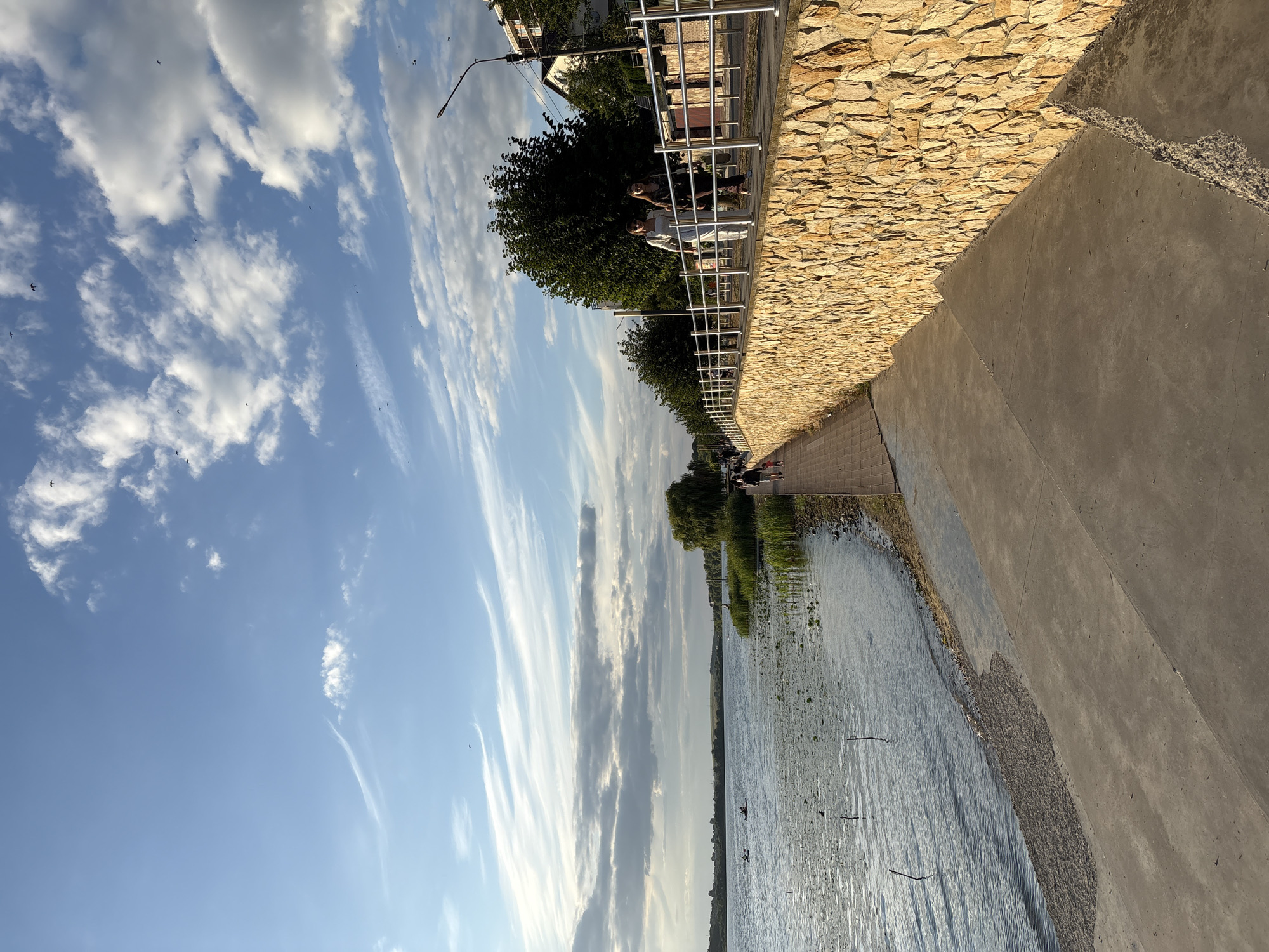 The image depicts a waterfront promenade in Ternopil, Ukraine, likely along the Ternopil Pond. On the right, a paved walkway runs alongside a textured stone embankment, topped with a metal railing. Two individuals are walking along this path, facing away from the camera. Behind them, trees and buildings are visible. The left side of the image features the body of water, with scattered aquatic plants and two small boats in the distance. The sky is blue with scattered clouds and birds in flight. The scene suggests a leisurely outdoor activity on a clear day.