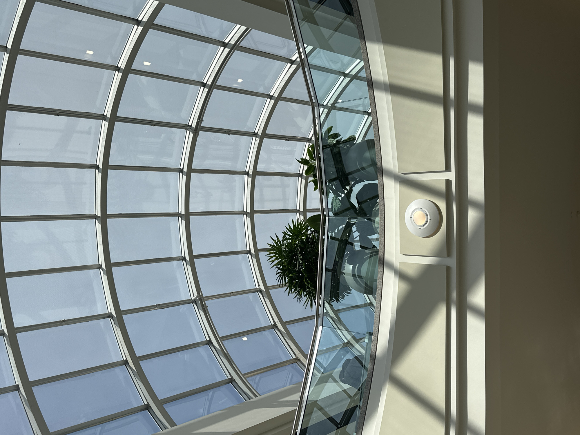 The image shows an interior view of a building with a large, curved glass ceiling. The ceiling is supported by a grid of metal beams. Below the ceiling, there is a circular balcony with a glass railing. Several potted plants are visible on the balcony, with lush green foliage. The walls below the balcony are painted in a light, neutral color and feature geometric paneling. A circular light fixture is mounted on the wall. The lighting suggests it is daytime, with natural light filtering through the glass ceiling, casting shadows on the walls. The overall impression is one of a modern, airy indoor space, possibly a shopping mall or atrium. This scene is located at The Amazing Brentwood mall in Burnaby, Canada.