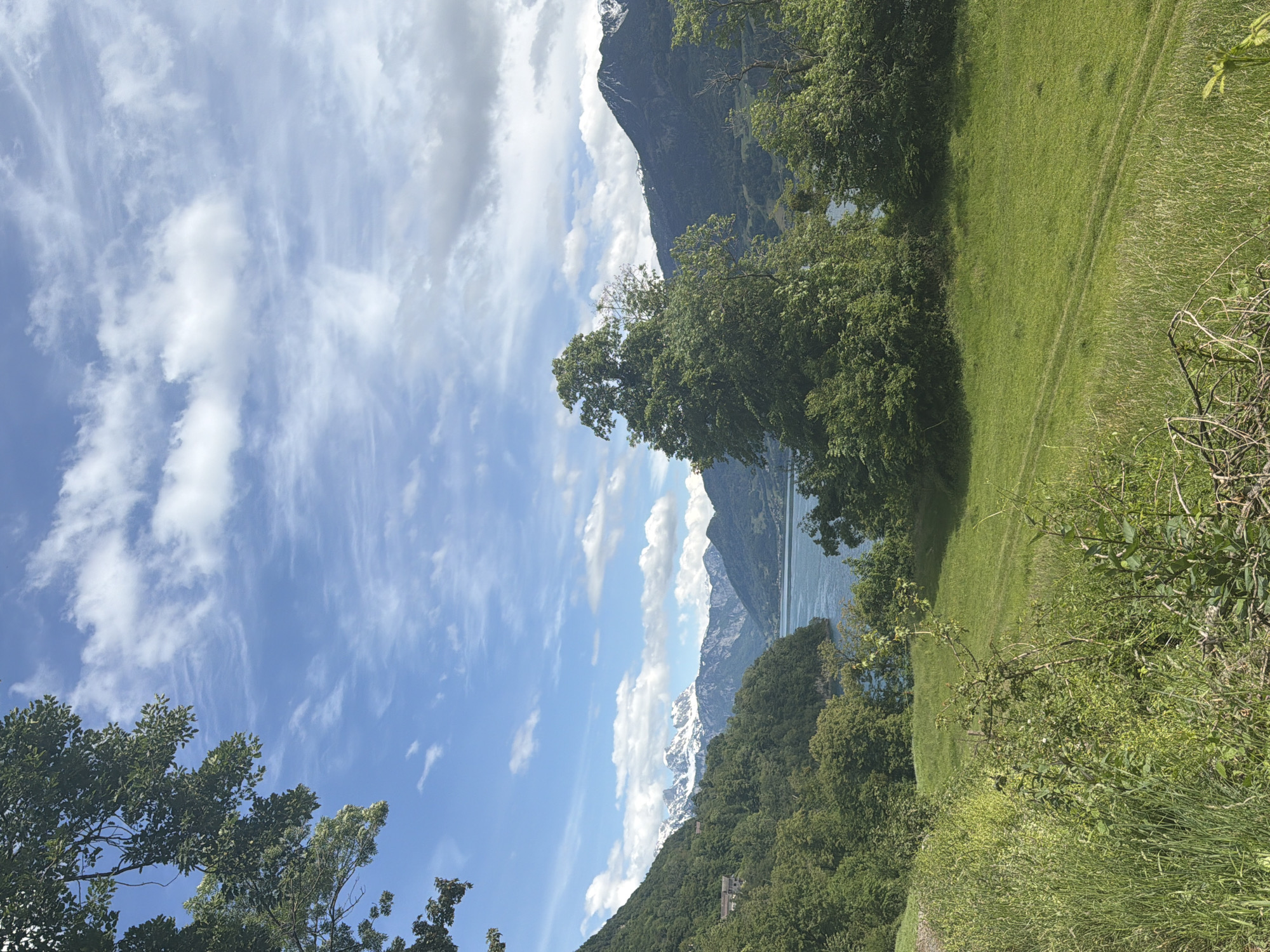 The image shows a landscape in Betlis, Switzerland. A blue sky with white clouds is above a mountain range with snowy peaks. A body of water is visible in the middle ground, bordered by green trees and grass. The foreground features green grass, bushes, and some trees.