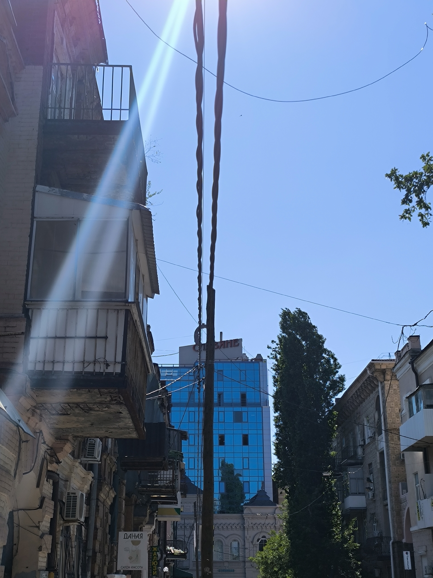 An eye-level, exterior shot captures a sunlit urban scene from a slightly low angle, looking up towards a clear blue sky. In the foreground, the weathered brick facade of an old apartment building is visible on the left, featuring a dilapidated balcony with metal railings and a closed, glassed-in section. The building's exterior shows signs of age and disrepair, with peeling paint and exposed structural elements. To the right of the old building, a modern, bright blue glass-faced office building stands prominently, reflecting the sky and surrounding environment. Between these two structures, a tall, dark green coniferous tree stretches upwards, its dense foliage creating a stark contrast with the urban architecture. Overhead, thick electrical wires are strung across the frame, supported by visible poles, and a delicate branch with green leaves from a tree on the far right extends into the upper corner of the image. The bright sunlight casts lens flares across the scene, particularly in the upper left quadrant, indicating a strong light source. Several air conditioning units are mounted on the walls of the older buildings. Signs with text in a foreign language, possibly Cyrillic, are visible on the lower portion of the older buildings, including one with the word "ДАНАЯ" and another below it reading "САЛОН КРАСОТЫ". The overall impression is a mix of old and new urban development under a bright, sunny sky.