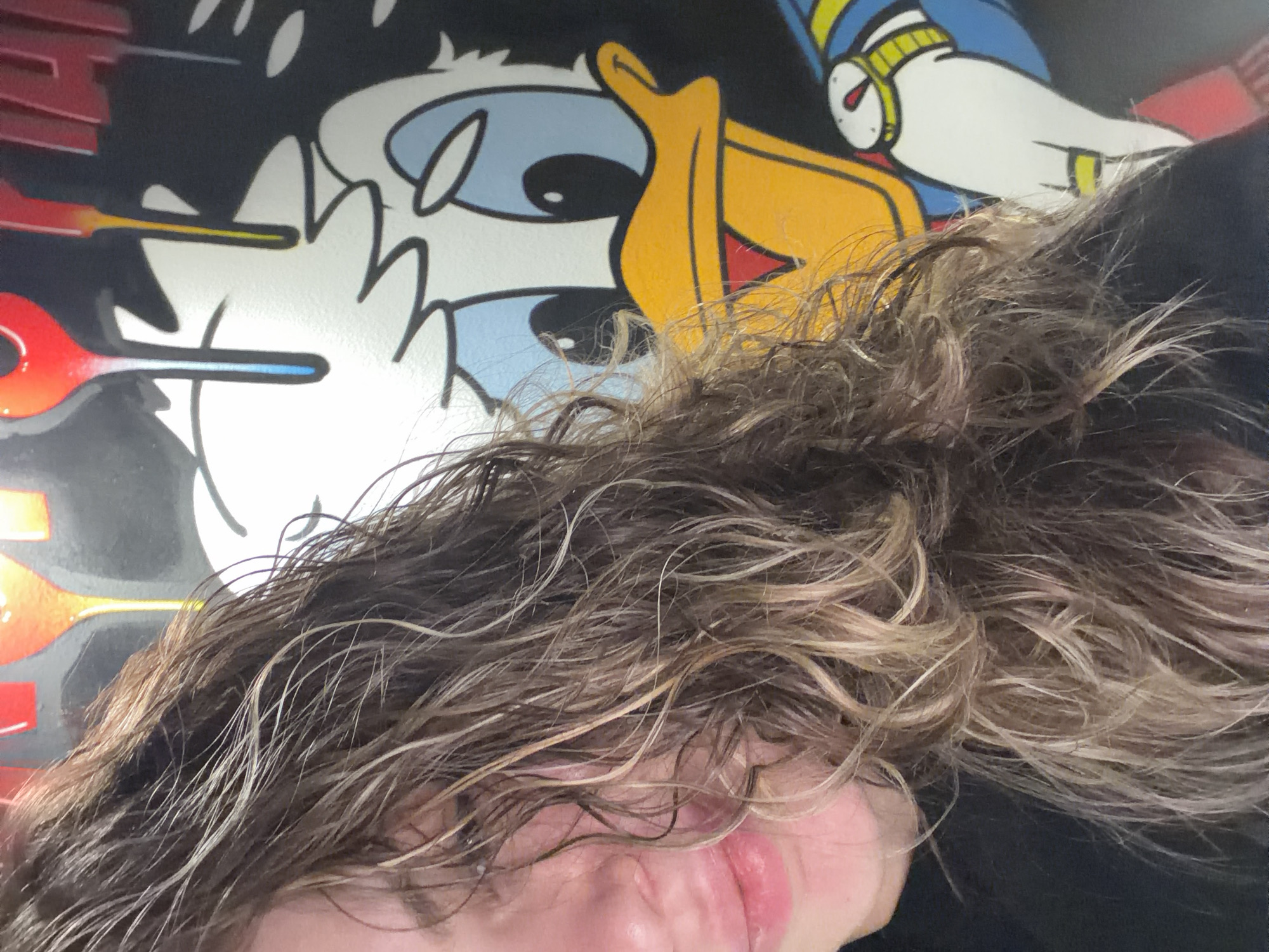 The image shows a close-up of a person's face, partially obscured by wet, light brown hair. The lips are visible and appear irritated or chapped. Behind the person and slightly out of focus is a cartoon depiction of Donald Duck. The cartoon is painted in bright colors, including blue, yellow, red, and white. The location in Varna, Bulgaria, cannot be determined from the image content.