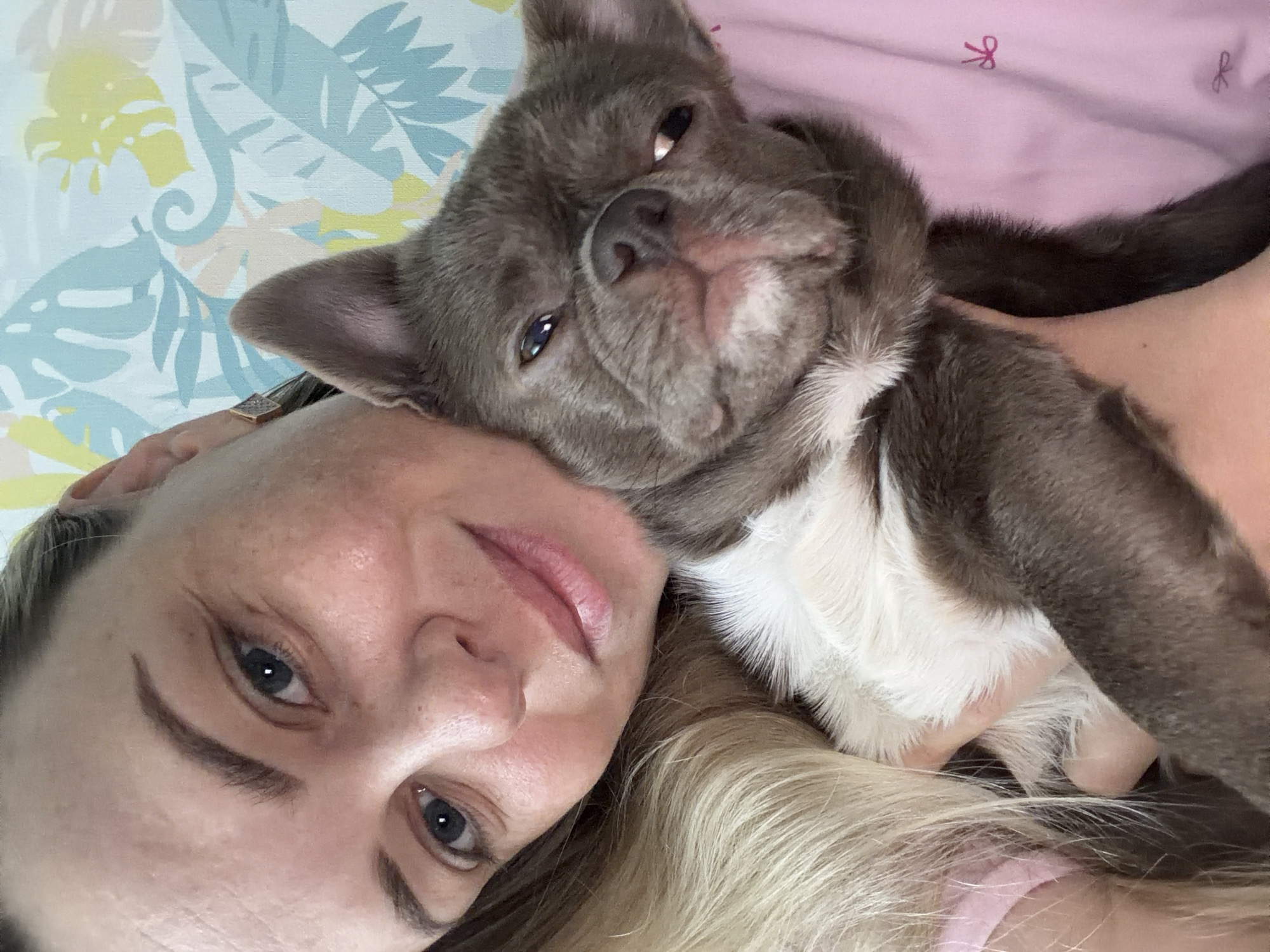 A woman with blonde hair and light skin is lying down and looking up at the camera. She has blue eyes and is wearing a ring on her right hand. A gray and white French bulldog puppy is resting its head on her shoulder. The background includes a light pink fabric with small bow patterns and a floral patterned surface. It is not possible to determine the location as Votkinsk, Russia from the image.