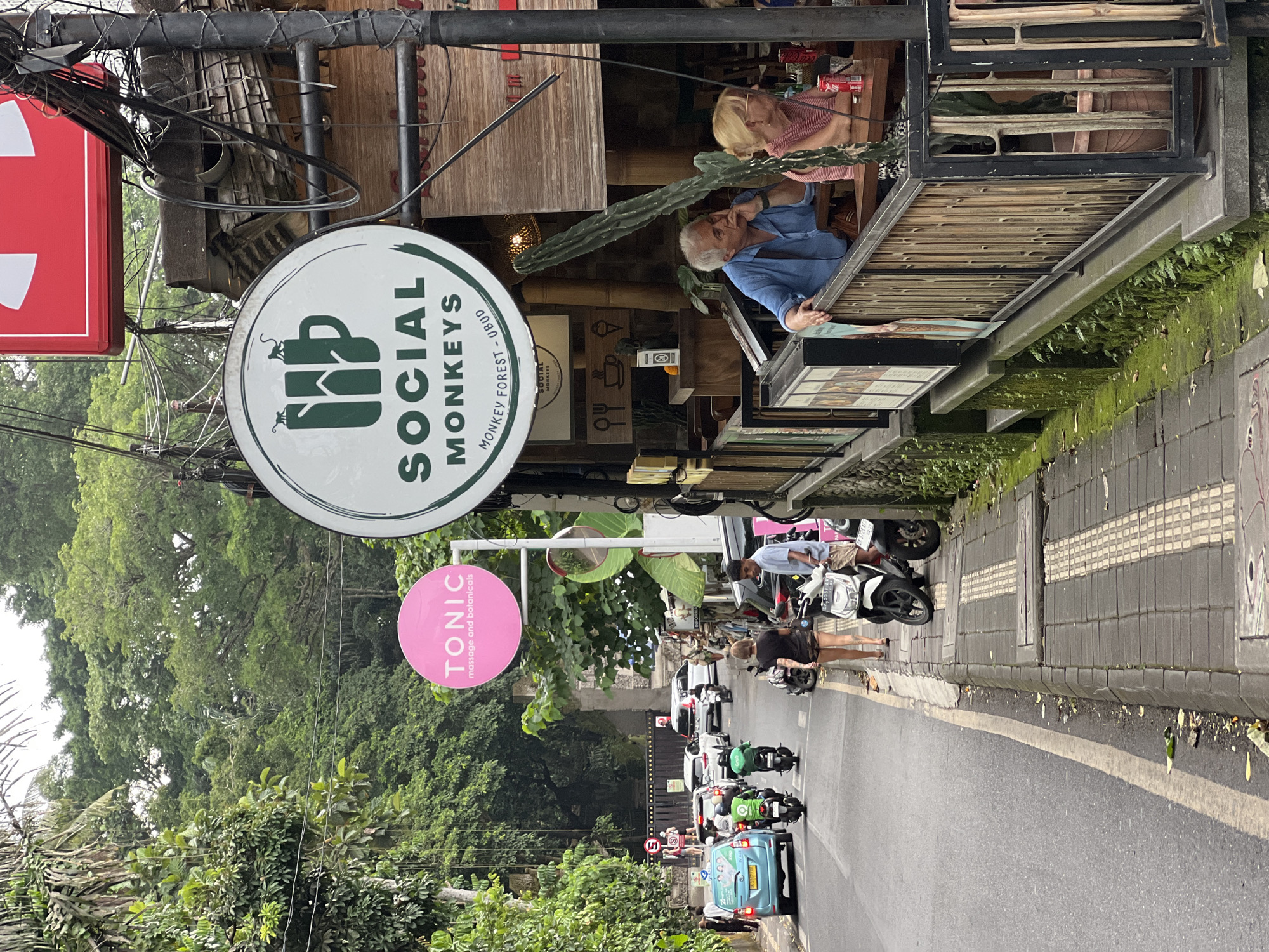 The image shows a street in Ubud District, Indonesia. A building with a "Social Monkeys" sign has customers dining on an upper level. A man and woman are visible at a table. A pink "Tonic" sign hangs nearby. Below, a street with scooters and cars is visible. People are walking on the sidewalk. The street is lined with trees. The weather appears to be overcast.
