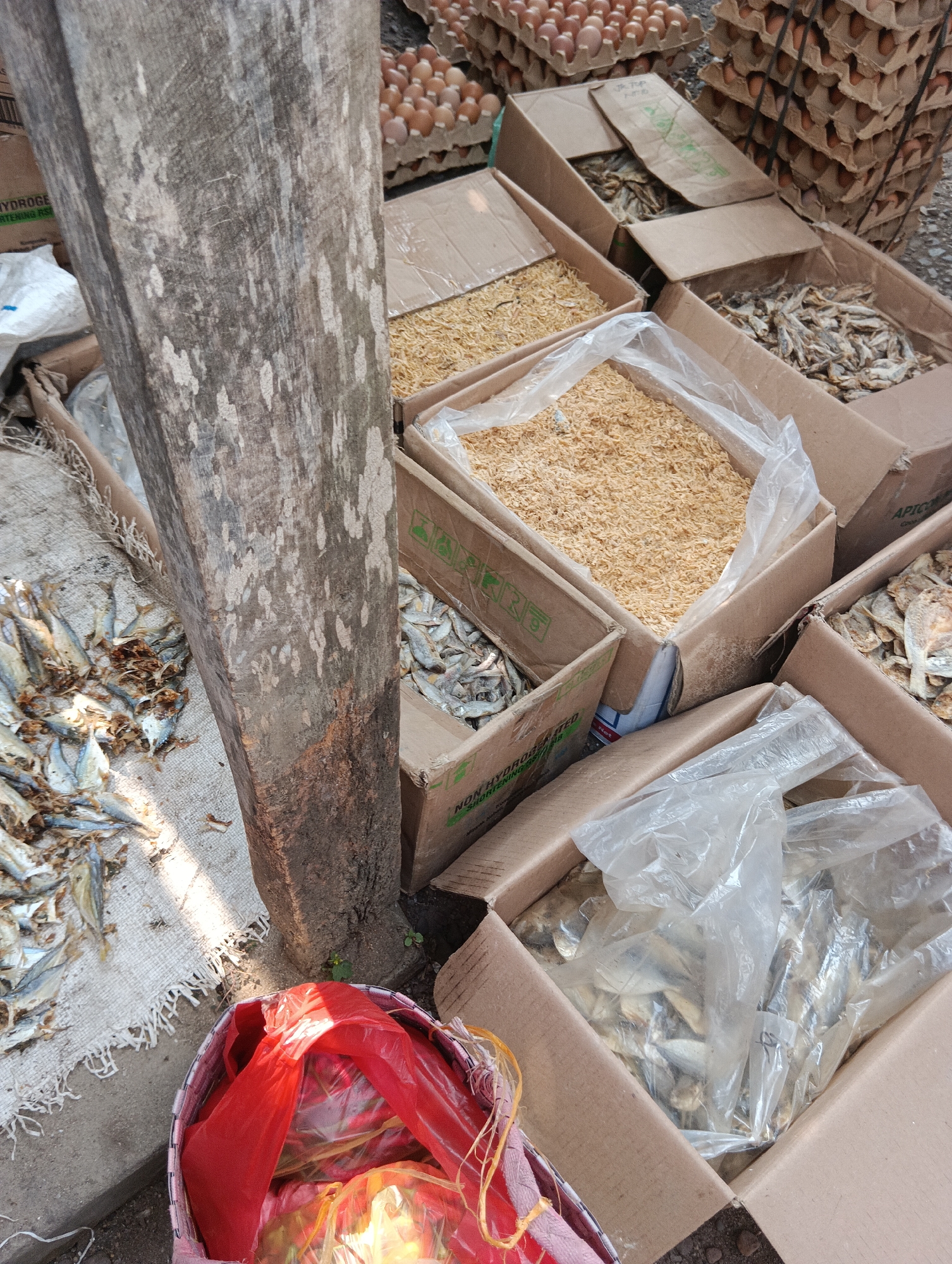 The image shows an outdoor market scene in the city of Binakarsa, Indonesia. In the foreground, a large wooden post stands vertically, its surface weathered and marked with grey and white patches. To the left of the post, on a textured white cloth, are several dried fish, arranged in a somewhat scattered manner. A red plastic bag, partially filled with items, is visible in the lower left corner.
Behind the wooden post, several cardboard boxes are arranged, containing various food items. One box is filled with what appears to be dried shrimp or small dried fish, characterized by their light brown, granular texture. Another box contains more dried fish, smaller and darker in color than those on the cloth. Further in the background, stacks of egg cartons filled with brown eggs are visible, suggesting a diverse market offering. The overall environment appears to be a bustling outdoor market.