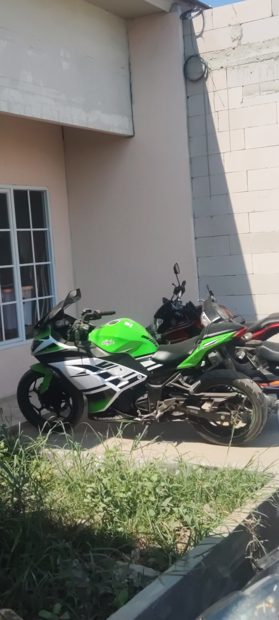 The image shows a Kawasaki Ninja motorcycle parked on a paved surface in front of a building. The motorcycle is predominantly green with white and black accents. It is a sportbike style motorcycle. Behind it, other motorcycles are partially visible. The building has a beige-colored wall and a white-framed window with multiple panes on the left side of the image. A partially constructed wall made of white concrete blocks is visible on the right side, casting a shadow. Tall, green grass is growing in front of the motorcycles and along the paved area. The scene appears to be outdoors, possibly in a residential or commercial area. The presence of the motorcycles and the building suggests a parking area or a yard. The lighting indicates it is daytime, with sunlight casting shadows.