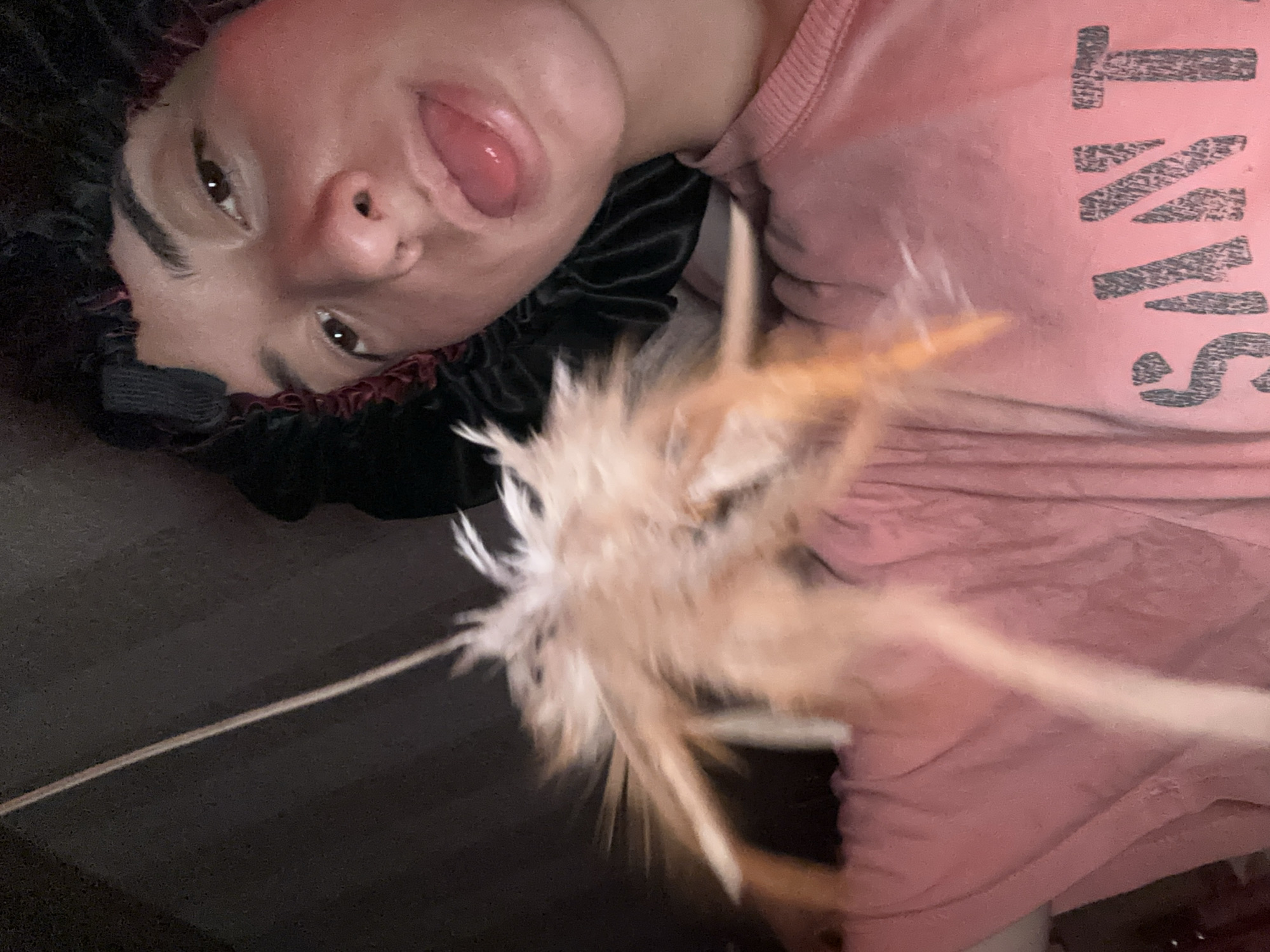 In a dimly lit room, a person wearing a pink t-shirt and a black satin bonnet with red trim, is pictured. The person's face is close to the camera, with their tongue sticking out. A feathery object on a string is held in front of the person, slightly out of focus. The background is dark and indistinct, suggesting the presence of curtains or dark walls. The t-shirt has text on it, partially obscured by the feathery object, that appears to say "SANTA". The scene's low lighting and the person's pose suggest an informal, possibly playful, moment captured at home. There is no specific information within the image to indicate a location in Shumen, Bulgaria.