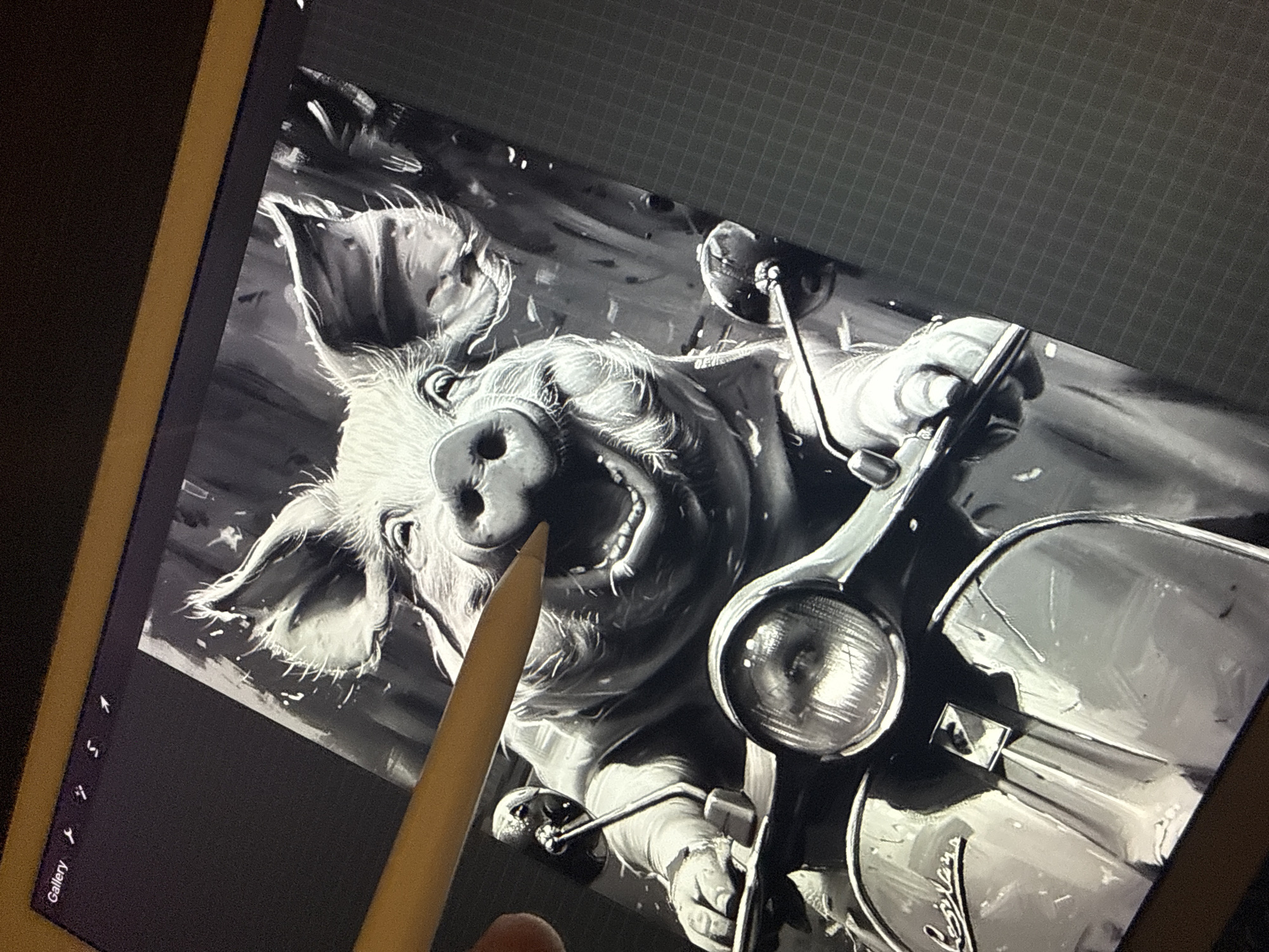 The image shows a close-up of a digital drawing on a tablet screen. The drawing is black and white and depicts a pig riding a vintage scooter. A stylus is held near the pig's snout, suggesting the artist is working on that area of the drawing. The scooter is highly detailed and the pig is wearing gloves. The image has a creative and humorous tone. Sofia, Bulgaria is not identifiable in this image.