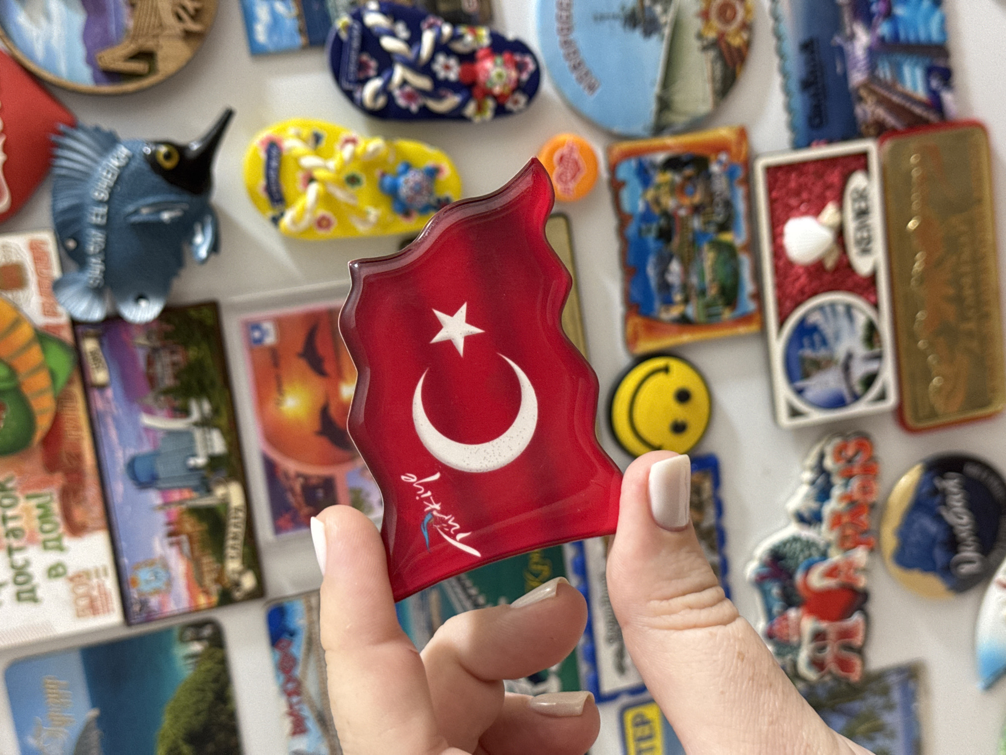 A person's hand holds a Turkish flag refrigerator magnet. The magnet is red with a white crescent moon and star. The flag appears to be waving. The background is a collection of other refrigerator magnets, many of which appear to be souvenirs from various locations. Some of the visible magnets include a blue fish, yellow flip-flops, a smiling face, and magnets depicting landscapes and cityscapes. The overall environment is a refrigerator door, likely in a home or kitchen. There is no visible indication of the city of Mikhaylovsk, Russia, in this image.