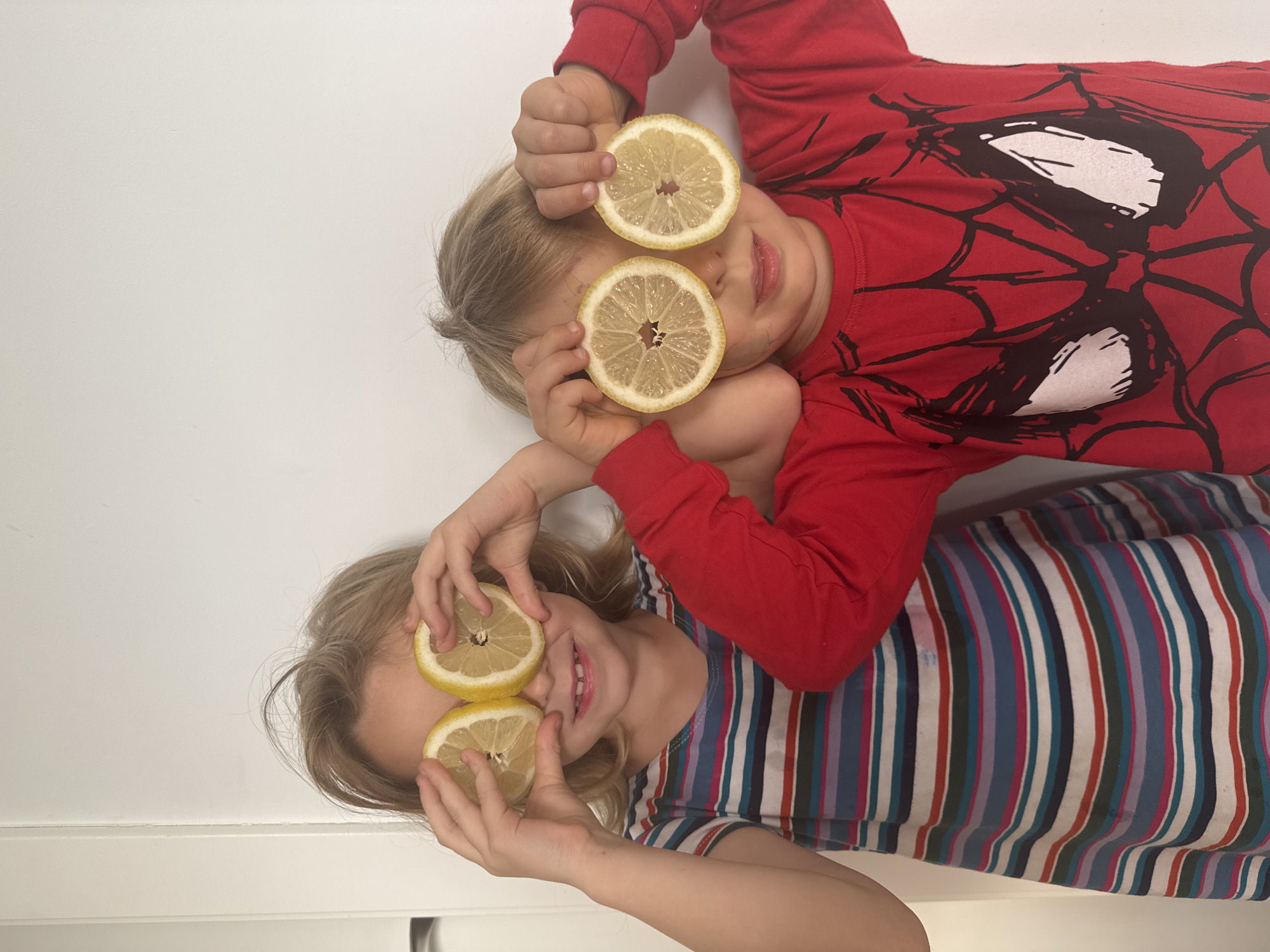 This media file captures a playful moment with two young children. The image is oriented sideways, with the children lying horizontally against a plain white background, likely a floor or wall.
The subjects are two fair-haired children. The child positioned at the top of the frame appears younger, with short blonde hair. They are wearing a red long-sleeved shirt featuring a large black and white Spider-Man mask design on the chest. This child holds two round slices of lemon over their eyes, covering them, and has a slight smile on their face.
The second child, positioned below the first, appears slightly older, with longer blonde hair. They are wearing a long-sleeved shirt with a vibrant vertical stripe pattern in various colors including blue, red, green, white, and purple. Like the first child, they are also holding two lemon slices over their eyes, smiling broadly and showing their teeth, indicating joy and playfulness.
Both children are engaged in the same activity, using the lemon slices as a playful prop. The scene is brightly lit, suggesting an indoor setting. There is no visible text in the image apart from the graphical elements of the Spider-Man design. The overall mood of the image is lighthearted and cheerful. The external location context is Valencia, Spain.