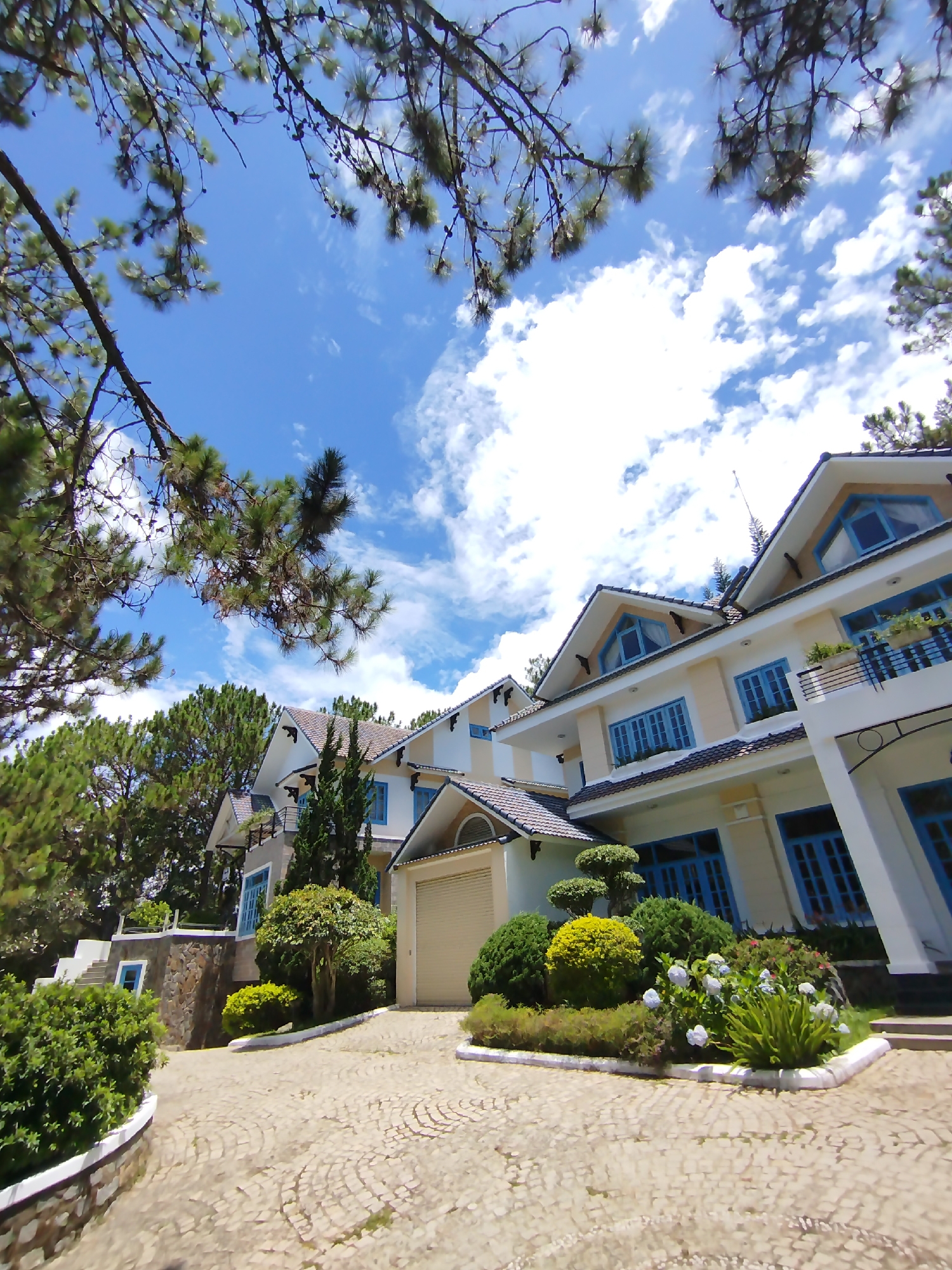 The photograph depicts a multi-story building with multiple gabled roofs and light-colored exterior walls contrasted with blue-framed windows. The structure is surrounded by manicured shrubs, flowering plants, and larger trees. A paved driveway leads up to the building. Above, the sky is visible through branches of pine trees. The location is Lâm Viên - Đà Lạt, Vietnam.