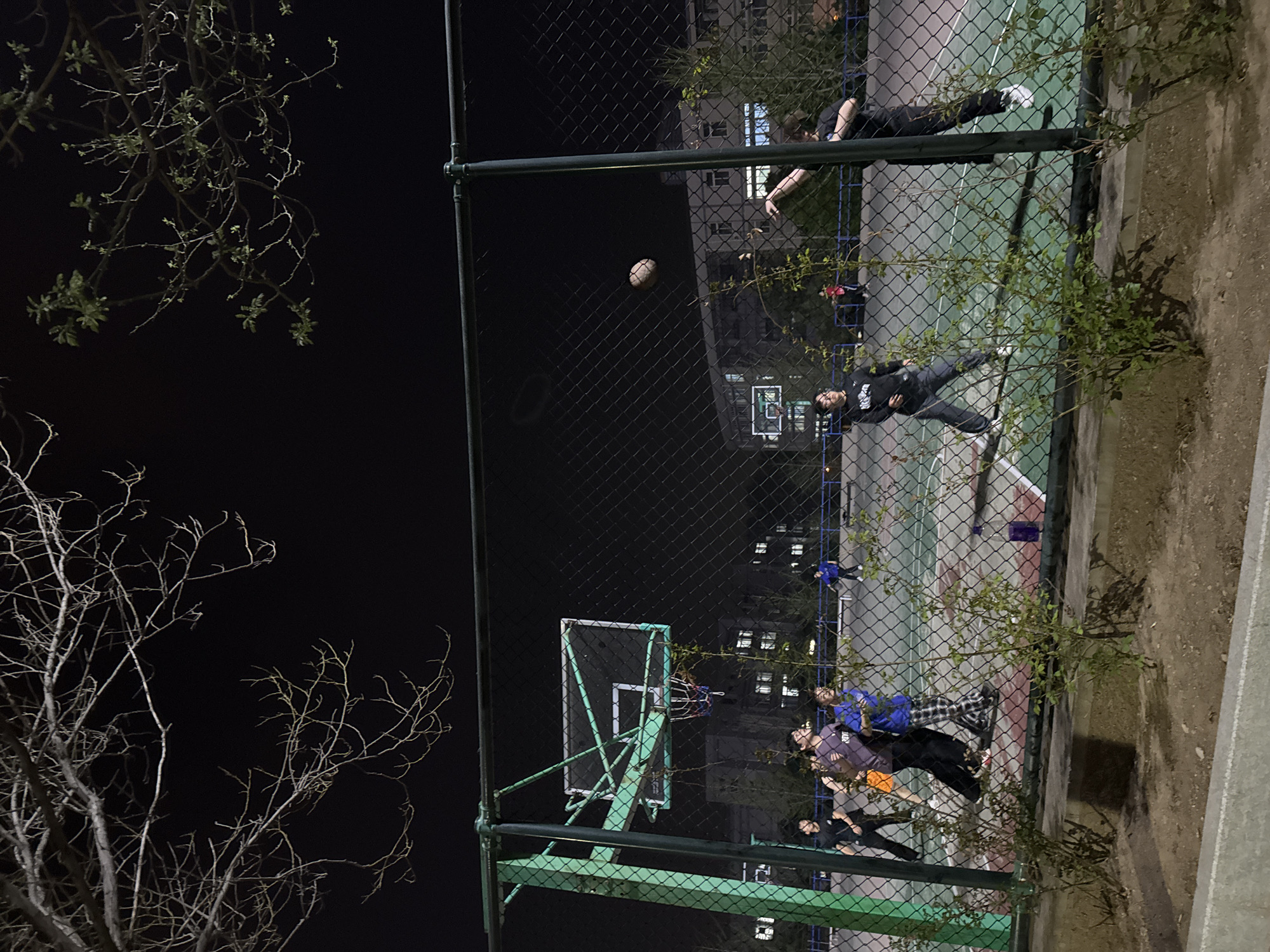 This media file captures an outdoor basketball court at night, viewed through a chain-link fence in the foreground. Large tree branches, some bare and others with nascent green leaves, frame the left side against the dark night sky. The court itself, featuring green and grey sections with white boundary lines, is populated by several individuals.
On the court, people are engaged in or observing basketball. One person in a black outfit is captured in a dynamic pose, reaching upwards, suggesting active play. Another person in a black shirt with a white logo is visible closer to the fence, seemingly watching the game. Further down the court, a small group includes individuals in a purple top, a blue jacket, and other casual attire. A basketball is prominently suspended mid-air above the fence, indicating a moment during play. A basketball hoop and backboard are visible through the fence in the lower central part of the frame. In the background, illuminated windows of multi-story buildings suggest an urban or suburban residential area. A purple water bottle rests near the court's edge. The scene depicts a casual evening of sports and recreation in Zhongtun, China. No clearly legible text is visible, though some individuals wear clothing with indistinct logos.