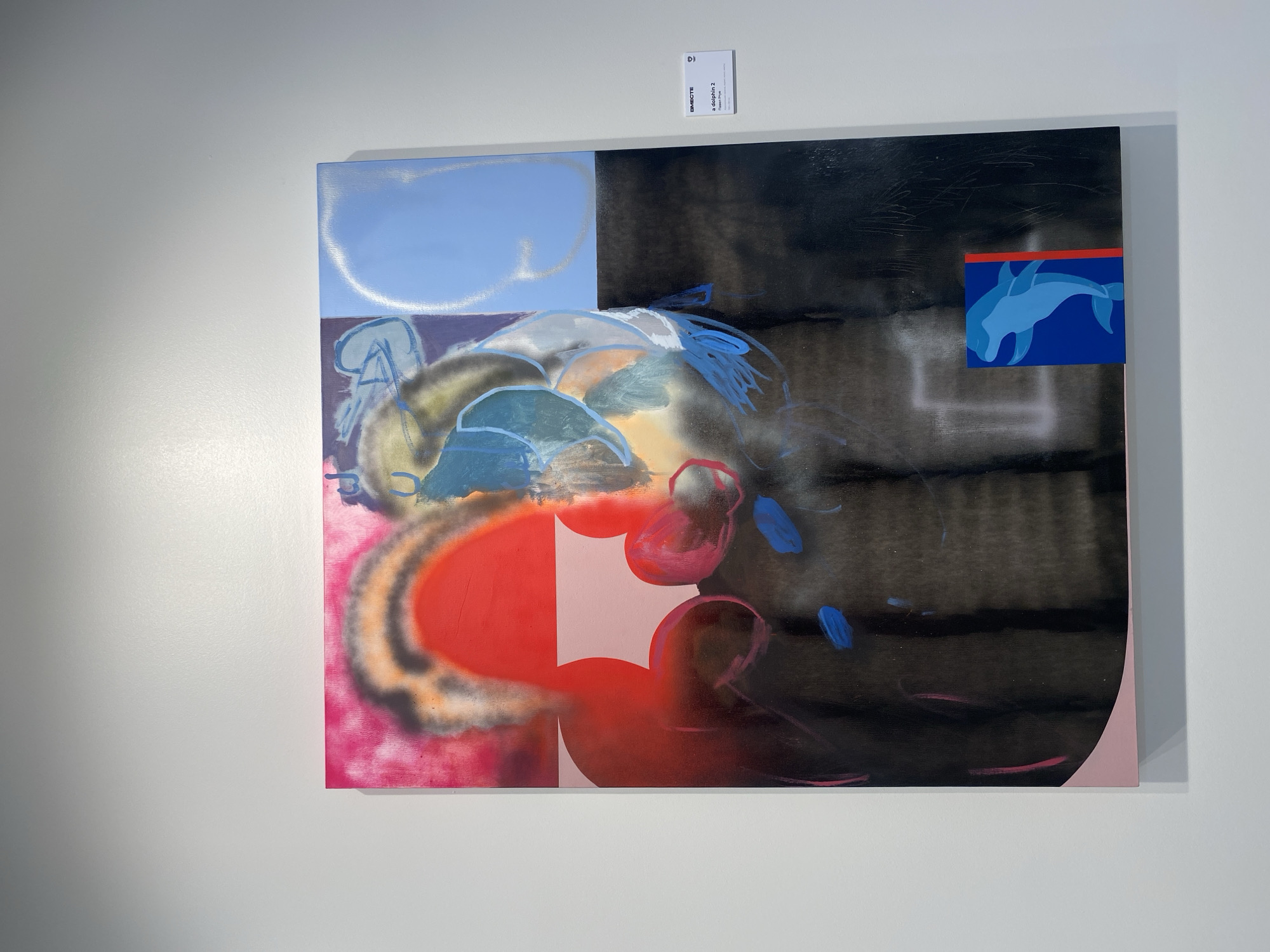 A large, square abstract painting is displayed on a white wall in a brightly lit gallery space. The painting features a chaotic blend of colors and shapes, with dominant tones of red, pink, black, and blue. A prominent red, arched shape with dark gray and orange undertones is centrally located on the left side, bleeding into a lighter pink band. To the right, a section of pale blue dominates the upper right quadrant, with swirling blue lines and abstract forms overlaying a darker, muted purple area. The lower half of the painting transitions to a dark, textured black with streaks of pink and blue paint. In the bottom right corner, a small, distinct blue square contains a stylized silhouette of a jumping dolphin, bordered by a thin red vertical line. A small white label is affixed to the wall to the right of the painting, with text that reads "SMECTE" at the top, followed by "a dolphin 2" and "Павел Рого". The lighting casts a soft, diffused glow across the artwork and the surrounding wall.