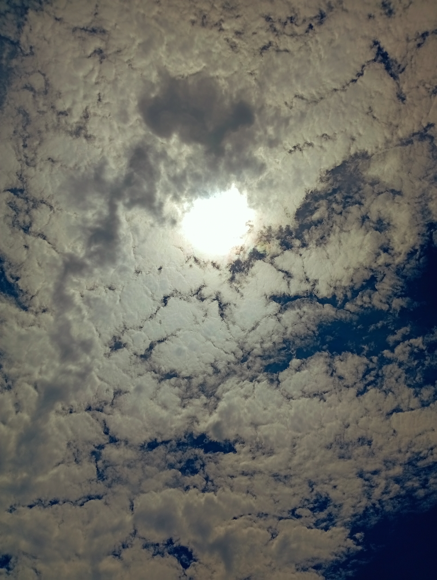 The image is a shot looking upwards at a cloudy sky with the sun partially obscured. The clouds are dense and appear to be altocumulus, with blue sky visible between them. The sun is a bright spot near the center of the image, diffused by the clouds. The environment seems to be a natural setting, but the location in Altagracia, Venezuela is not discernible from the image. There are no people or other subjects/objects visible. The action depicted is a static view of the sky. There are no interactions.