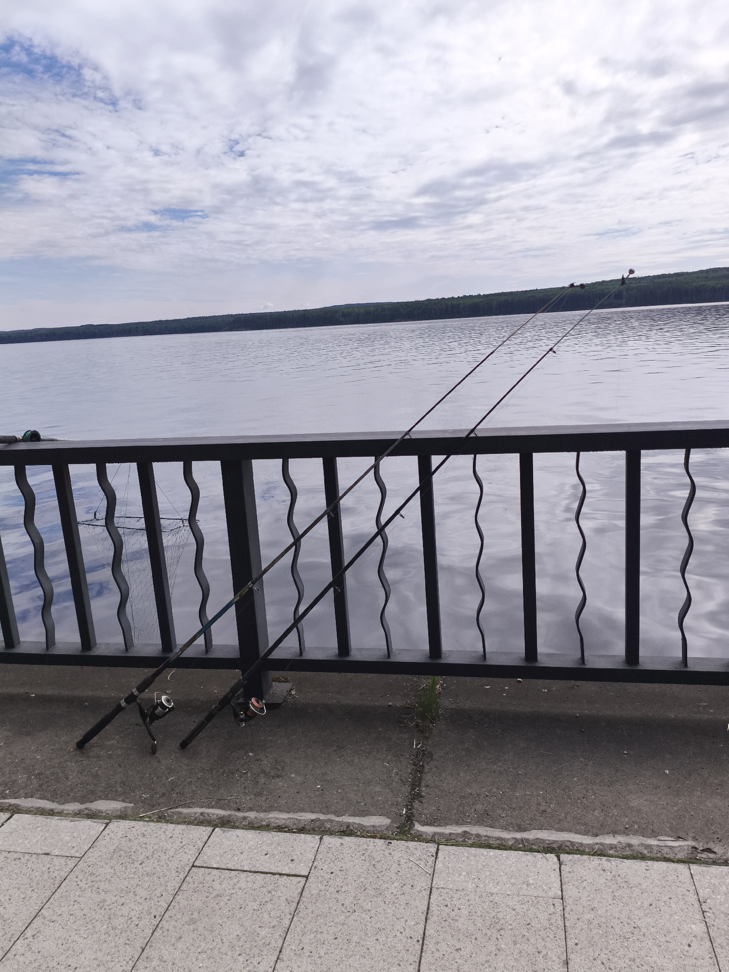 The image presents a waterfront scene located in Chaikovsky, Russia, likely along the Votkinsk Reservoir of the Kama River. The sky is largely overcast with white and grey stratocumulus clouds, revealing small patches of blue sky in the upper left and center. A expansive body of calm water occupies the middle ground, reflecting the cloudy sky and exhibiting slight ripples. A dark, wrought-iron railing with ornate, vertically wavy balusters spans the lower-middle portion of the frame, separating the water from the foreground.
Leaning against the railing and extending over the water are two fishing rods, each equipped with a spinning reel, positioned towards the right side of the image. To the left, a dark-colored fishing net, possibly a landing net or keep net, is suspended from the railing. The immediate foreground consists of a paved surface; a strip of dark grey concrete runs directly beneath the railing, bordered by lighter grey square paving stones that extend towards the viewer. No people are visible in the captured scene.