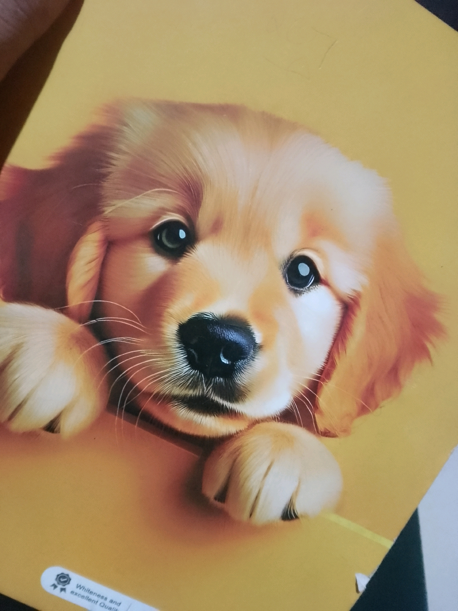 The image is a close-up of a golden retriever puppy's face. The puppy has large, dark eyes, a black nose, and soft, fluffy fur. Its paws are resting on the edge of the frame, giving the impression that it is peeking over. The background is a solid, warm yellow color. There is no indication of any specific location in the city of Harugeri, India. The image appears to be a photograph of a printed image, possibly on a notebook or card.