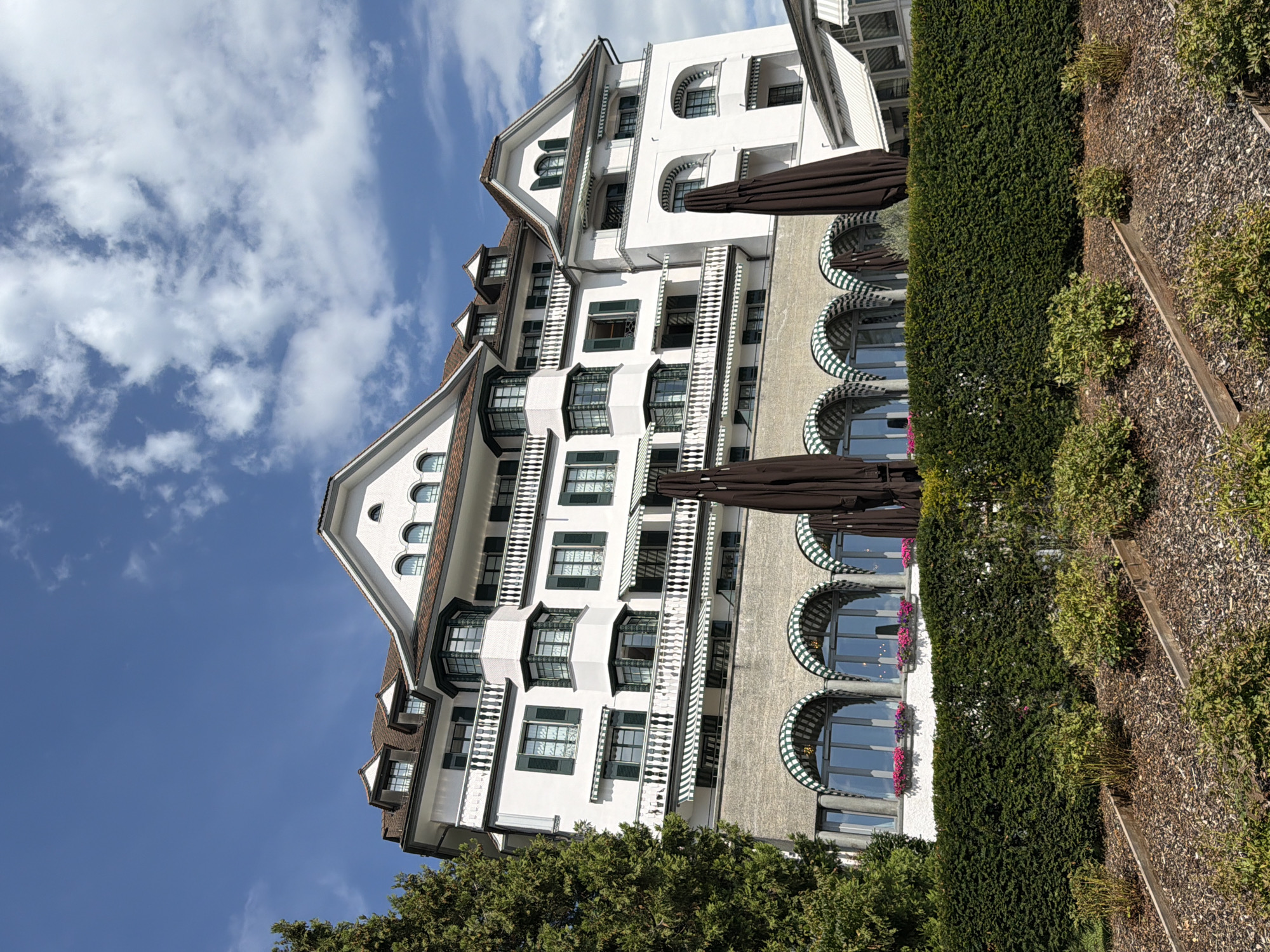 A large, white, multi-story hotel with a white facade, dark red tiled roofs, and numerous windows with dark green shutters is captured from a low angle. The hotel has several balconies with white railings and striped awnings. Below the main hotel structure, there is a section with arched windows and more striped awnings. In front of the hotel, a meticulously manicured dark green hedge runs horizontally across the image. Beyond the hedge, raised garden beds with mulch and small green bushes are visible. Two large, dark brown umbrellas stand in front of the hotel, partially obscuring the view of the lower windows. A tall, green evergreen tree is situated on the left side of the frame, partially obscuring the left side of the hotel. The sky is bright blue with scattered white clouds.