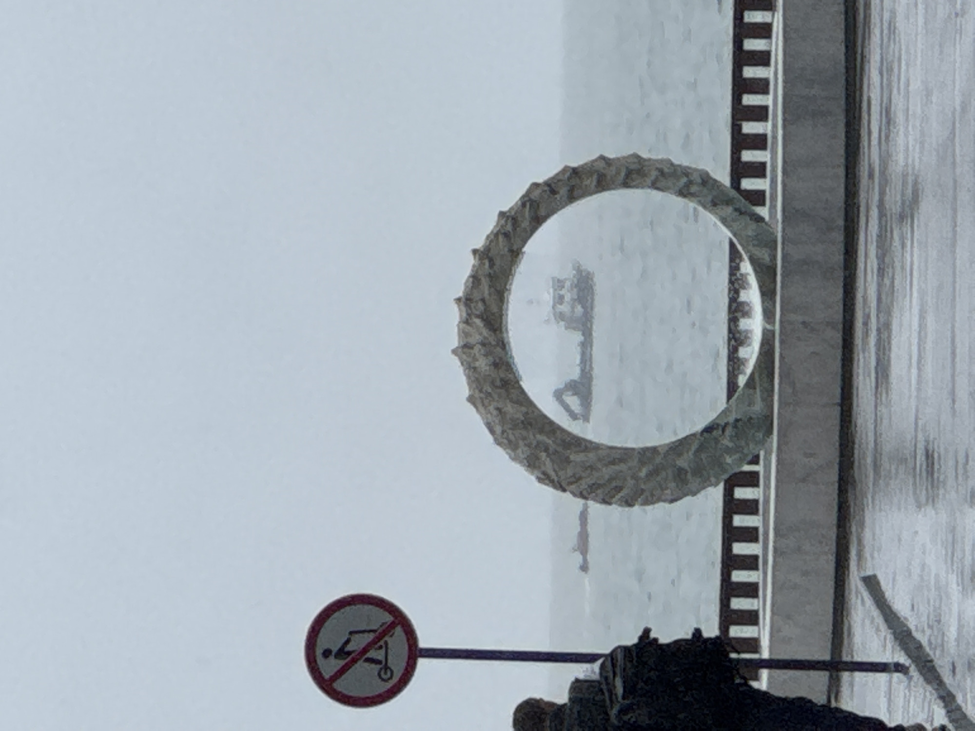 The image shows a scene in Sochi, Russia. There is a circular, decorated monument with a clear center, through which a body of water and what appears to be a small boat or structure on the water can be seen. In the foreground, there's a sign prohibiting personal transporters (scooters) with a crossed-out image of a person riding a scooter. To the right of the monument is a gray wall or bridge-like structure. The sky is overcast and gray. The overall impression is of a waterfront or coastal area on a dull, gray day in Sochi.