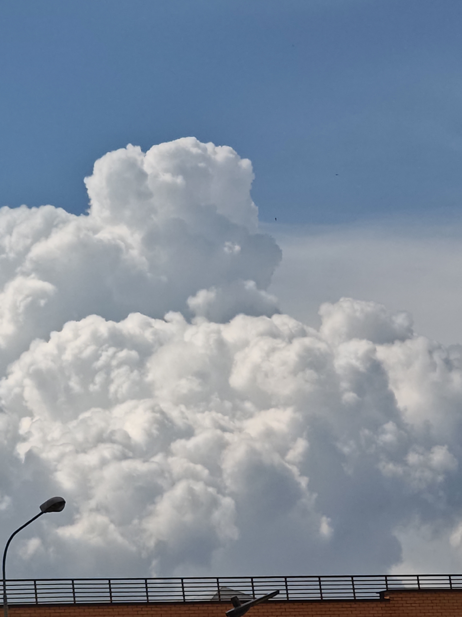 The image depicts a cloudy sky over a brick structure topped with a black metal railing. A dark street lamp with a curved neck extends from the left foreground into the frame. The sky is a bright blue with large, fluffy white cumulus clouds dominating the upper portion of the image. A few small, dark specks, possibly birds or insects, are visible in the sky. The brick structure appears to be a building or wall, with the railing running horizontally across its top. The overall scene is likely captured outdoors in an urban environment.