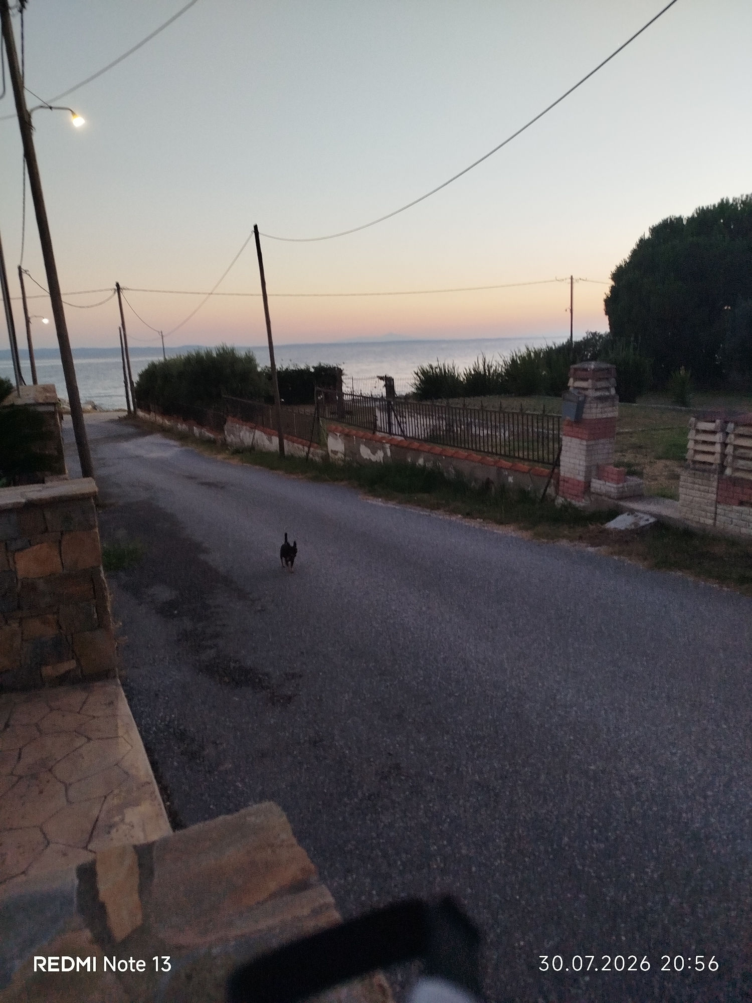 The image depicts a quiet street in Sithonia Municipal Unit, Greece, at dusk. A black dog is walking on the asphalt road. To the left, a stone wall and steps lead up to a building. The road stretches towards the sea, which is visible in the background. A fence runs along the right side of the road, separating it from a grassy area and trees. Several utility poles with wires and a single street lamp are present. The sky is a gradient of pale blue and orange, indicating the setting sun. The date and time stamp "30.07.2026 20:56" and "REDMI Note 13" are superimposed on the bottom of the image.