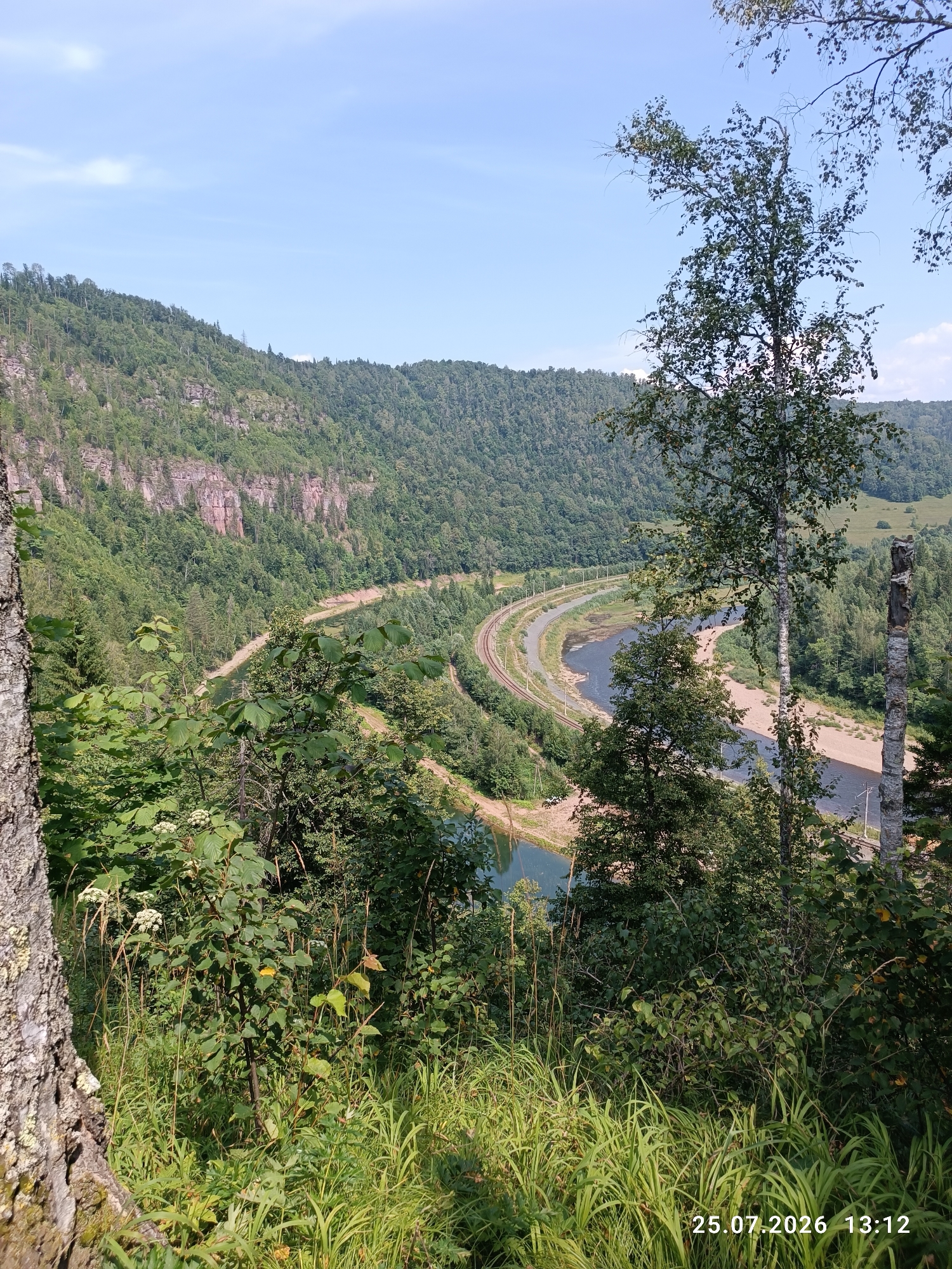 This is a landscape photograph taken on July 25, 2026, at 13:12, likely in the vicinity of Brishtamak, Russia. The image captures a sweeping view of a river valley characterized by dense forests covering the rolling hills. A winding river flows through the valley, with a railway track running parallel to its course on one side. The terrain is mountainous, with visible rock formations on the steep slopes. In the foreground, lush green vegetation, including tall grasses and leafy bushes, dominates the scene. Several trees are present, some with rough bark and others with smoother, lighter bark. The sky is clear and blue, with a few faint white clouds. The overall impression is one of a natural, undeveloped landscape.