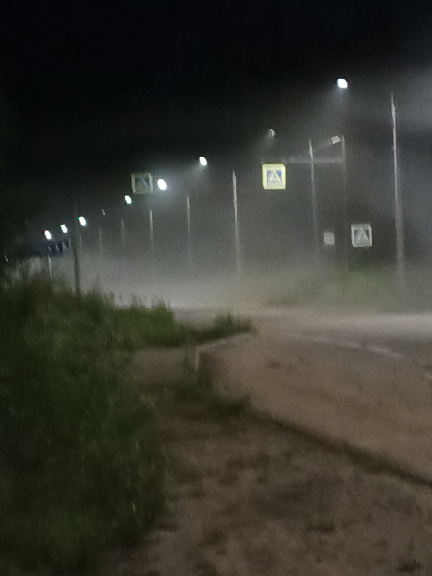 The image depicts a nighttime scene on a road with a pedestrian crossing. There are streetlights illuminating the area, creating a foggy or misty atmosphere. Several yellow pedestrian crossing signs are visible along the roadside. The road surface appears to be asphalt. To the left, there is a grassy area with some vegetation. The overall impression is one of a somewhat hazy and dimly lit urban or suburban environment.