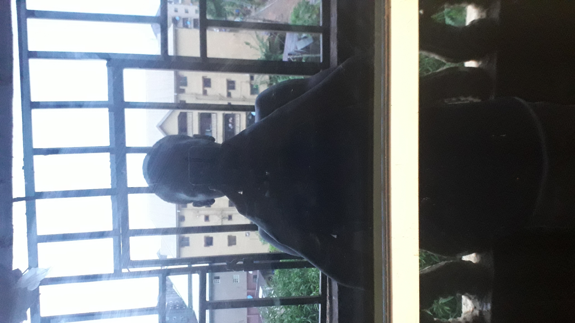 This is a selfie taken in Nkpor, Nigeria, reflected in a window. The person is silhouetted and holding a phone to take the picture. They are in front of a barred window, with a view of apartment buildings and lush greenery outside. The lighting is bright and overcast, typical of a cloudy day. The foreground is dominated by the reflection of the person and the window frame. The overall impression is one of urban life with a touch of nature.