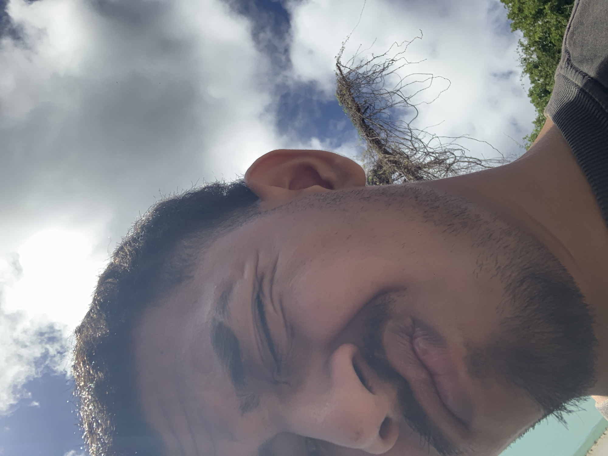 A close-up, low-angle selfie shows a person's face and upper body against a bright, cloudy sky. The person's eyes are closed, and their mouth is slightly open, suggesting an expression of discomfort or pain. The individual has dark hair and stubble on their face. To the right of the person, a portion of a dark gray garment, possibly a shirt or hoodie, is visible. In the background, a tangle of dry, leafless branches, possibly from a tree or vine, reaches towards the sky. Lush green trees can be seen at the very top right of the frame. The sky is a mix of bright white clouds and patches of blue, indicating it is daytime. The overall impression is one of a candid, perhaps unplanned, moment captured outdoors.