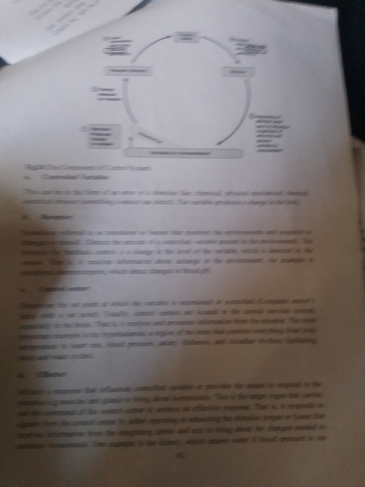 The image shows a diagram of a biological control system, with text explaining its components. The diagram is circular, illustrating a feedback loop with labeled sections: "Stimulus," "Receptor," "Affector," and "Controlled Variable." The text below the diagram categorizes and defines these components: "Controlled Variable," "Receptor," "Controlled Center," and "Affector." The diagram and text are part of an educational document, likely a textbook or lecture notes. The image is slightly blurry and the lighting suggests it was taken indoors. There is no indication of people, specific objects, or a particular scene beyond the diagram and text. The location context "Jalingo, Nigeria" does not appear to be reflected in the visual content of the image.