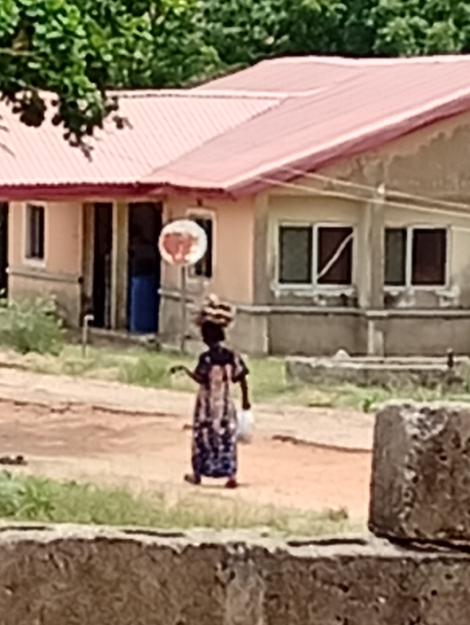 The image shows a woman in Adankolo, Nigeria, walking on a dirt road with a load on her head and carrying a white bag. She is wearing a patterned dress. Behind her is a building with a red roof. There is a round sign on a pole near the building. The surrounding environment includes trees, grass, and what appears to be a low wall or curb in the foreground.