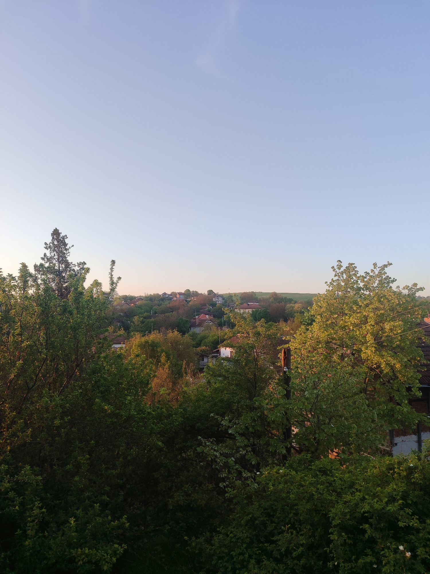 The image depicts a view of Varshilo, Bulgaria, captured from an elevated position. The scene includes residential houses with red-tiled roofs interspersed among dense green trees. The sky is light blue with a gradient towards the horizon, indicating either sunrise or sunset. The foreground features greenery with varying shades of green. The light is soft and diffused, suggesting morning or late afternoon. There are no people visible in the shot.