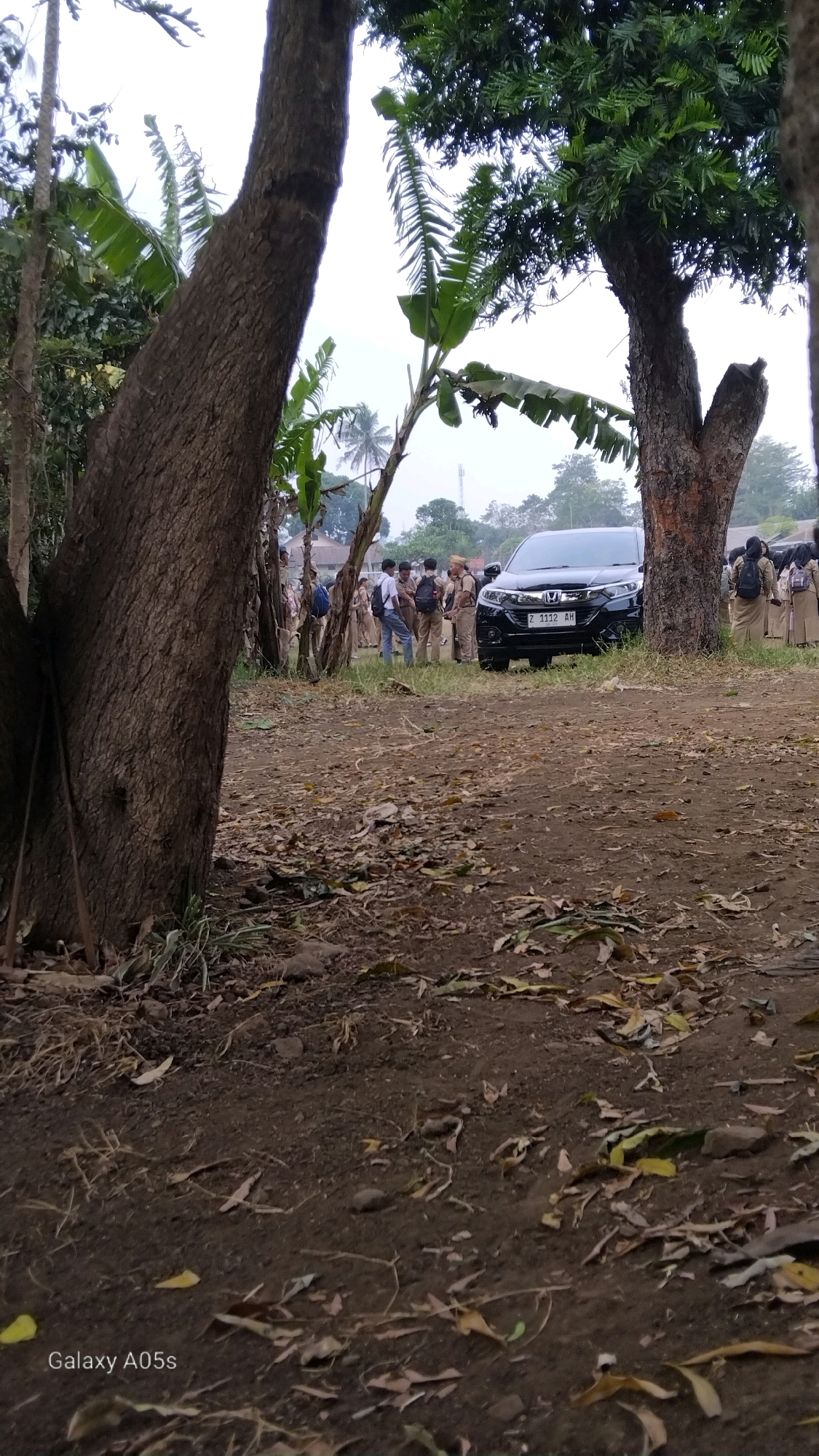 In the city of Sumedang, Indonesia, a group of students in beige uniforms stand gathered near a black SUV parked on a dirt road. The SUV, with license plate Z 1112 AH, is positioned between two large trees. One tree, in the foreground, has a thick, textured trunk and is partially obscuring the view. Banana plants with broad leaves are visible among the trees. In the background, more students in similar uniforms are visible, along with some buildings and trees. The ground is covered in dry leaves and soil, suggesting an outdoor, possibly rural or schoolyard setting. The sky is overcast. The image is a photograph taken from a low angle, emphasizing the foreground elements and the grandeur of the trees.