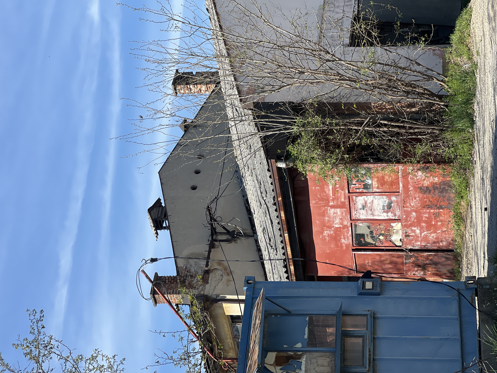 The image depicts an exterior scene with old, dilapidated buildings under a blue sky. The structures appear to be in a state of disrepair, with features such as weathered red metal doors, crumbling walls, and broken windows in a blue container-like structure. Bare tree branches are visible, and grass grows along the edges, indicating a somewhat neglected environment. The location is Palilula Urban Municipality, Serbia. No people or interactions are visible in the frame.